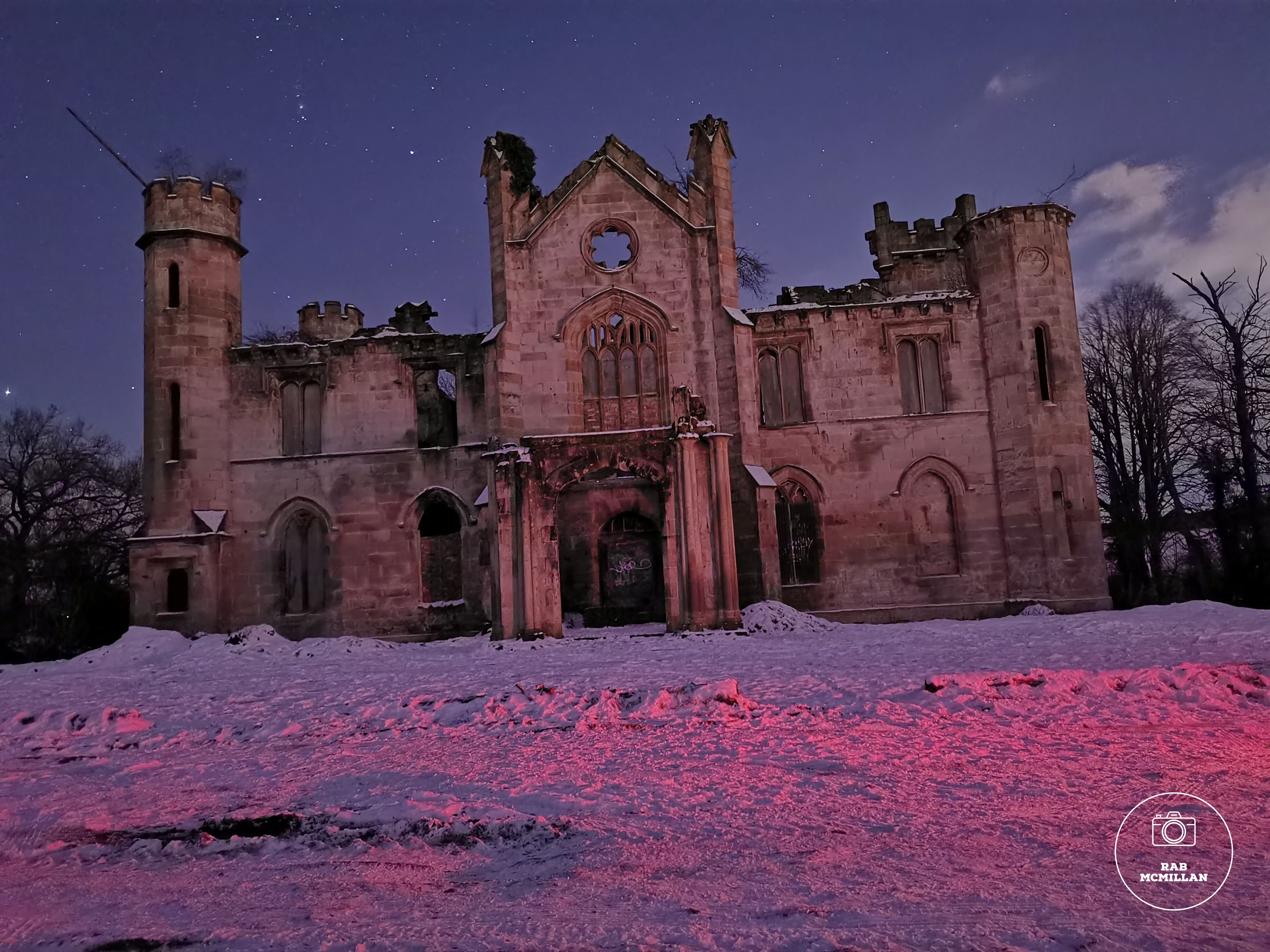 Cambusnethan Priory, Wishaw, 2021. Using night mode on my phone's camera I took this picture in total darkness apart from the reflection on the snow from my car's rear lights.