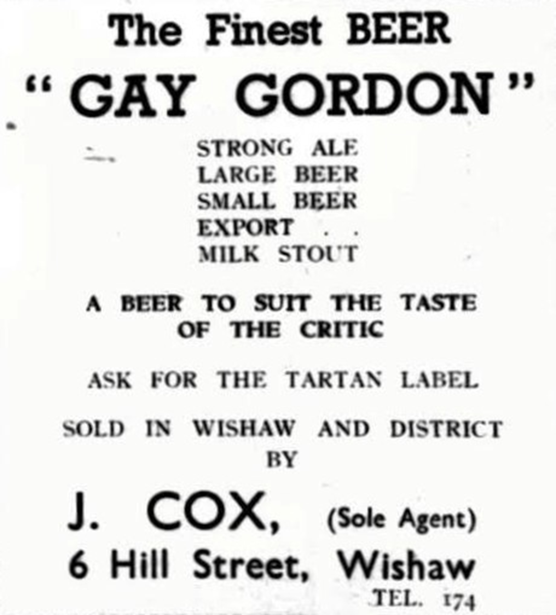 Wishaw Press advert, Cox's Bar, 1951.