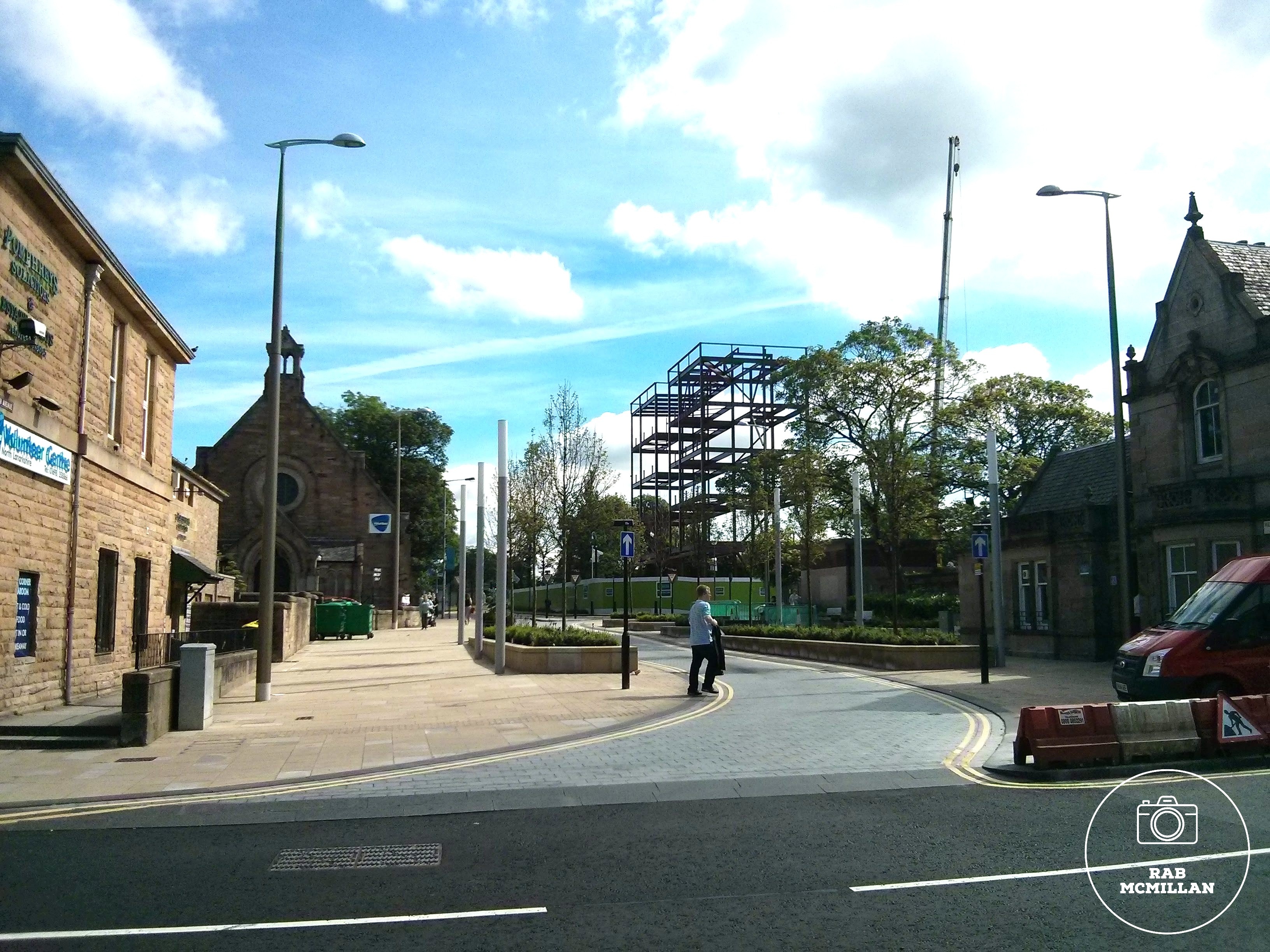 Looking up Kenilworth Avenue from Main Street, Wishaw. Construction of the Houldsworth Centre, 2014.