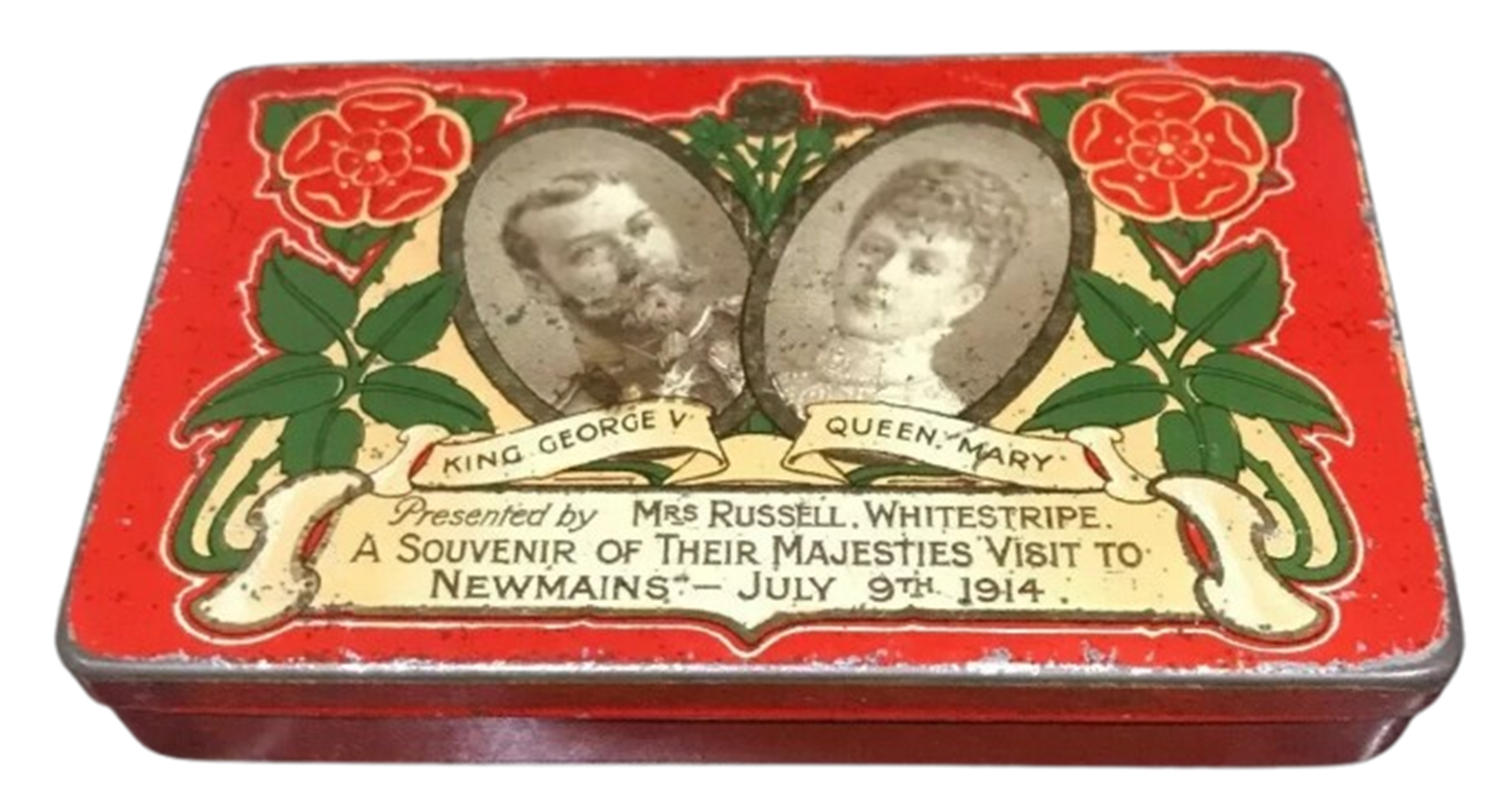 Chocolate tin souvenir given to local children for the visit of King George V and Queen Mary to Newmains, Wishaw, 1914.