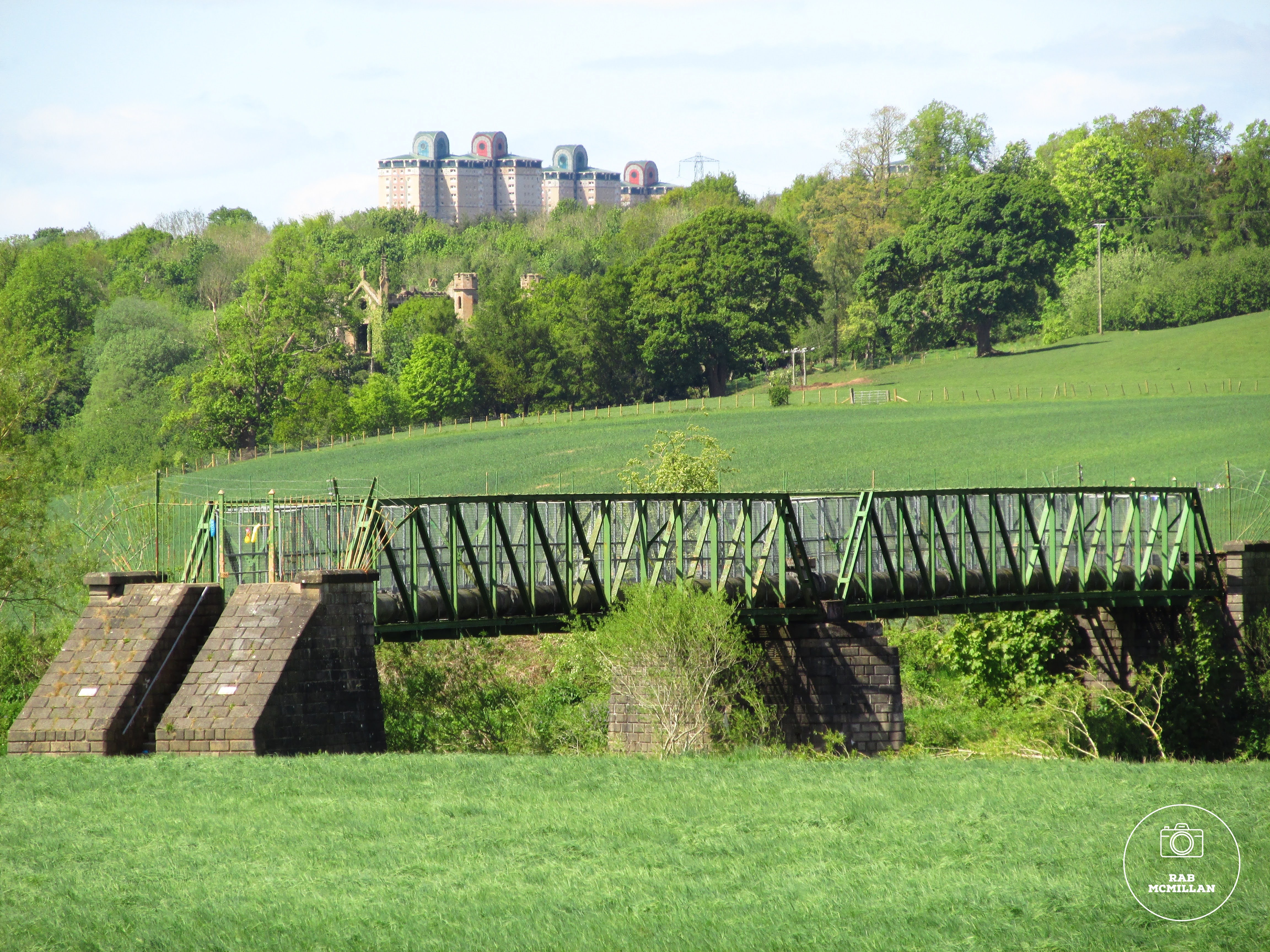 The Pipe Bridge, Clyde Walkway near Cambusnethan Priory, Wishaw, 2020, The Priory and the Towers of Muirhouse, Motherwell in the distance.