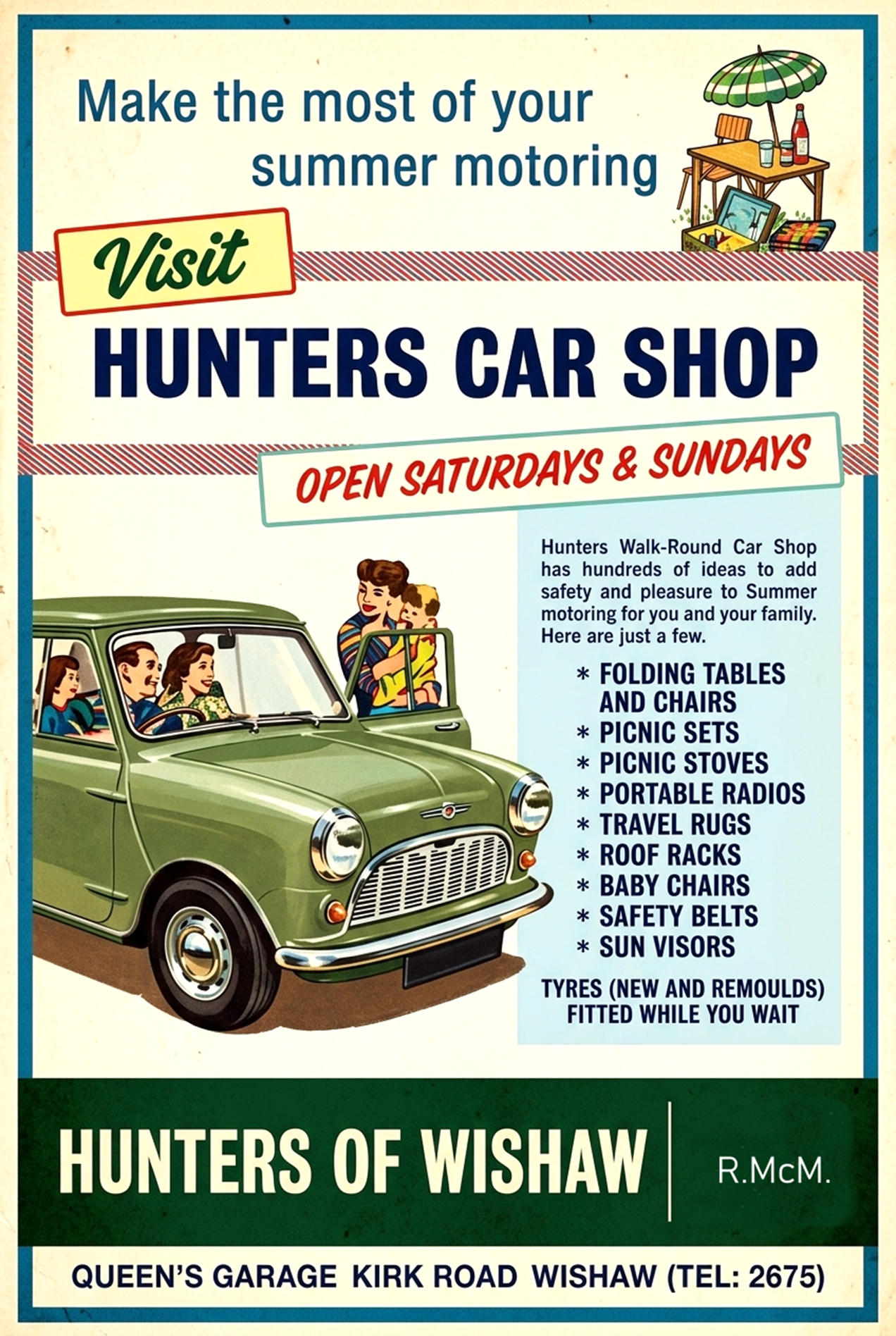Poster I made based on a real advert, Hunter's of Wishaw, Queen's Garage, Kirk Road, Wishaw, 1962.