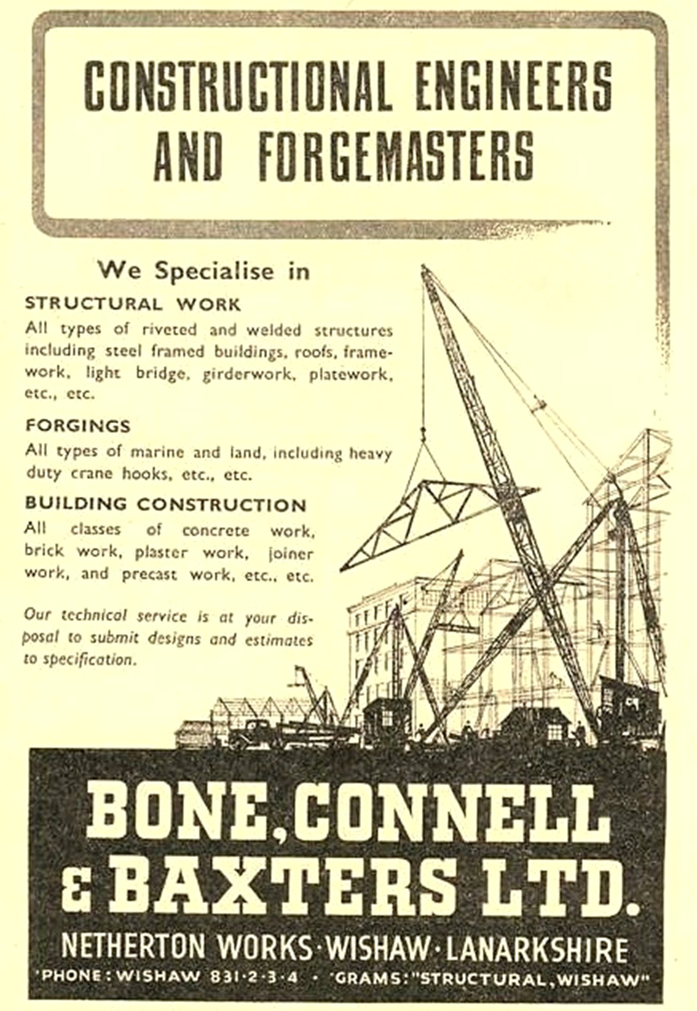 Trade advert, Bone Connell and Baxters, Netherton, Wishaw.