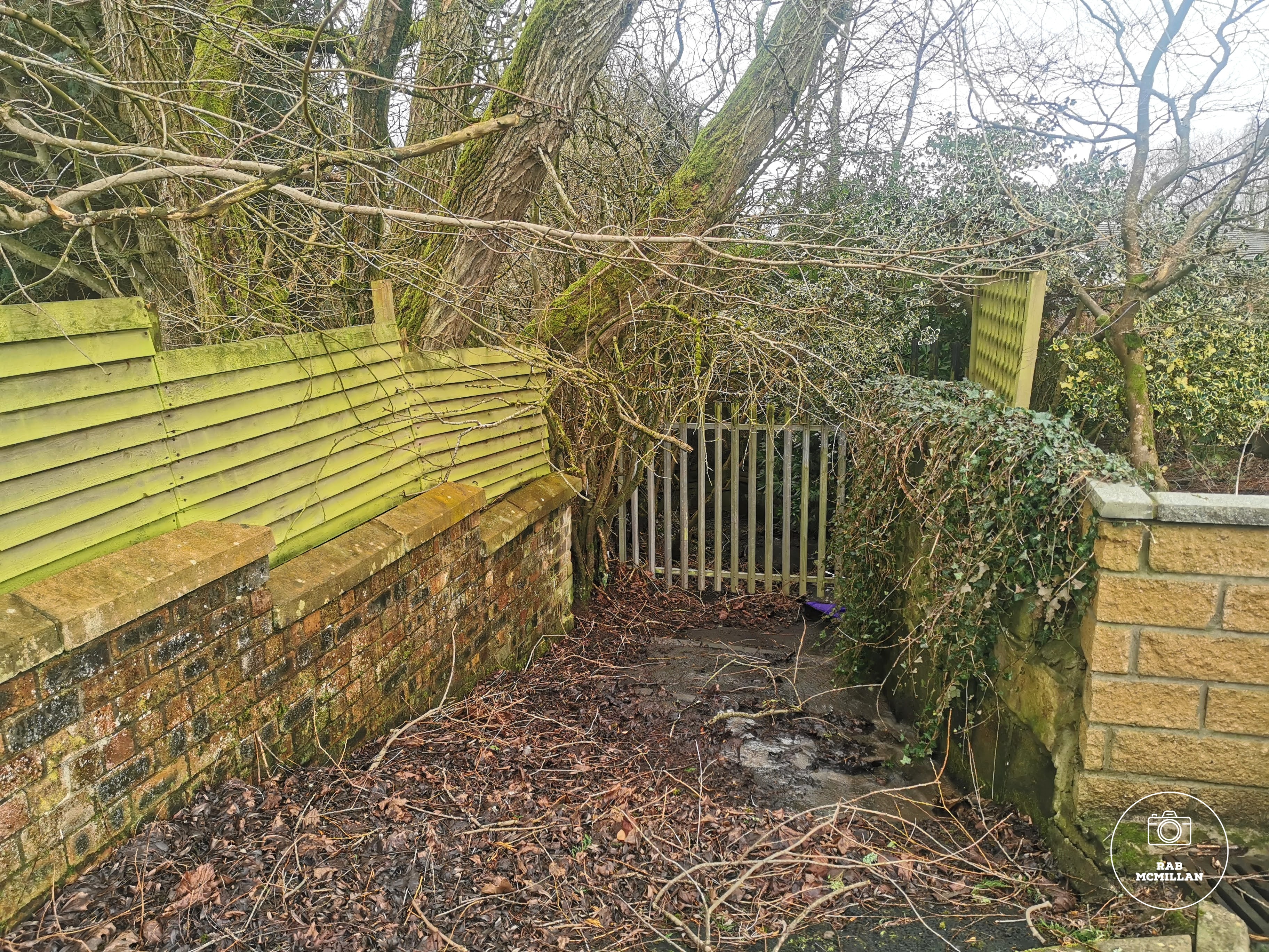 Fenced off old entrance to Jacob's Ladder, Overtown, Wishaw, 2022.