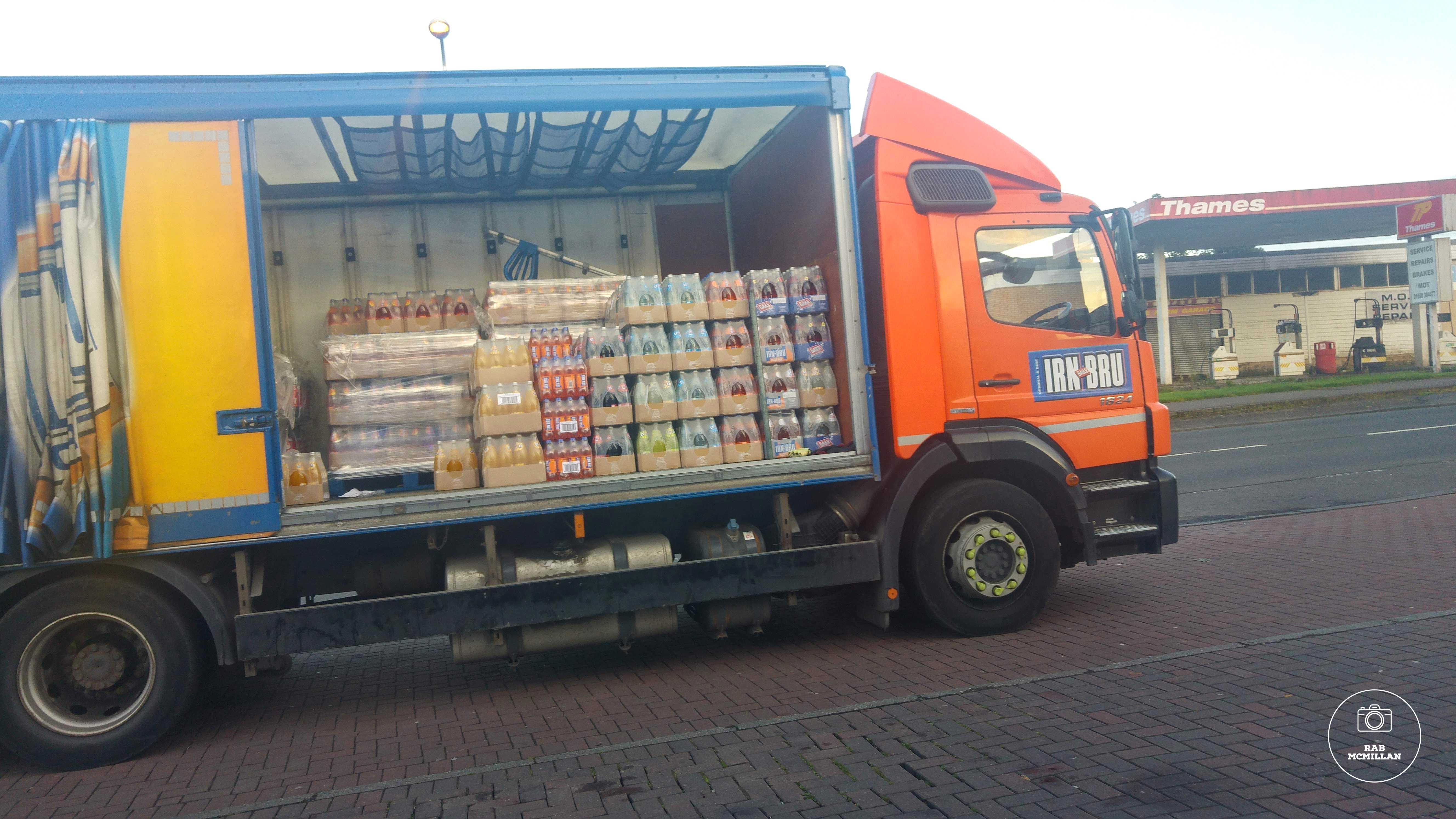 Irn Bru Lorry, Coltness Road, Wishaw. Home Farm Garage in the background, 2017.