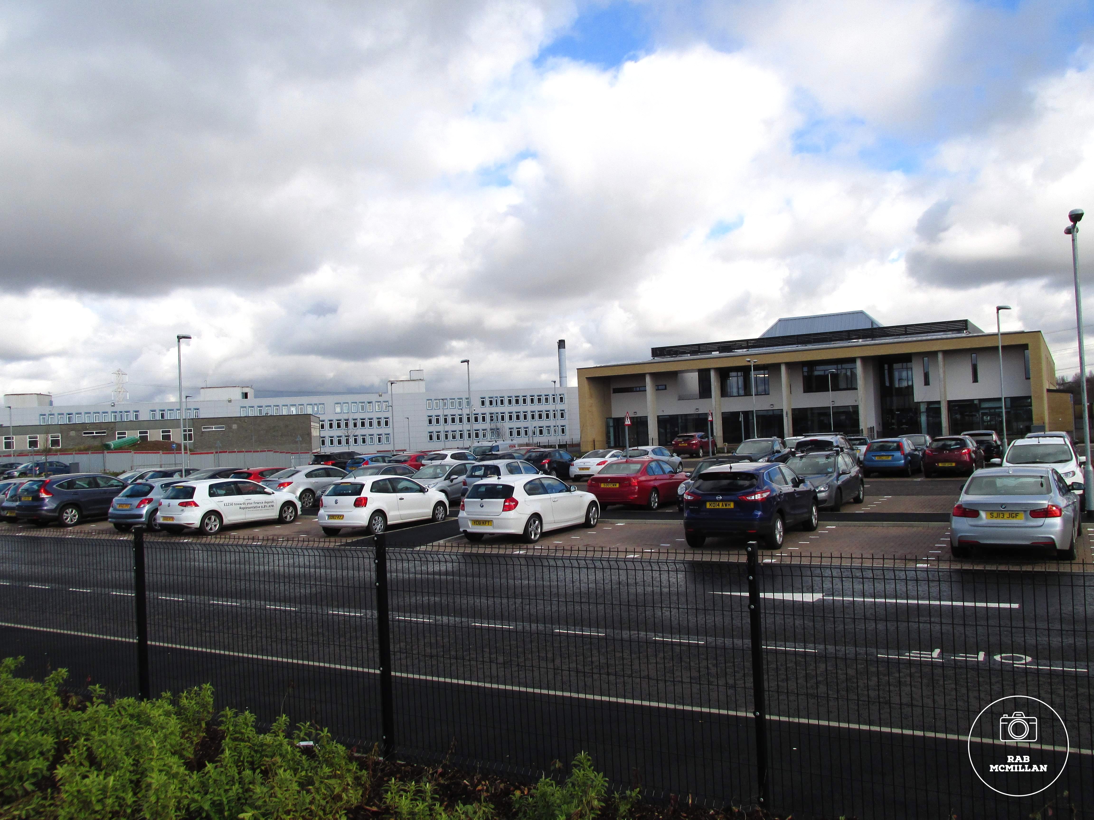 The old and the new, the Garrion Academy building and the Clyde Valley High School building, Castlehill Road, Wishaw, 2016.