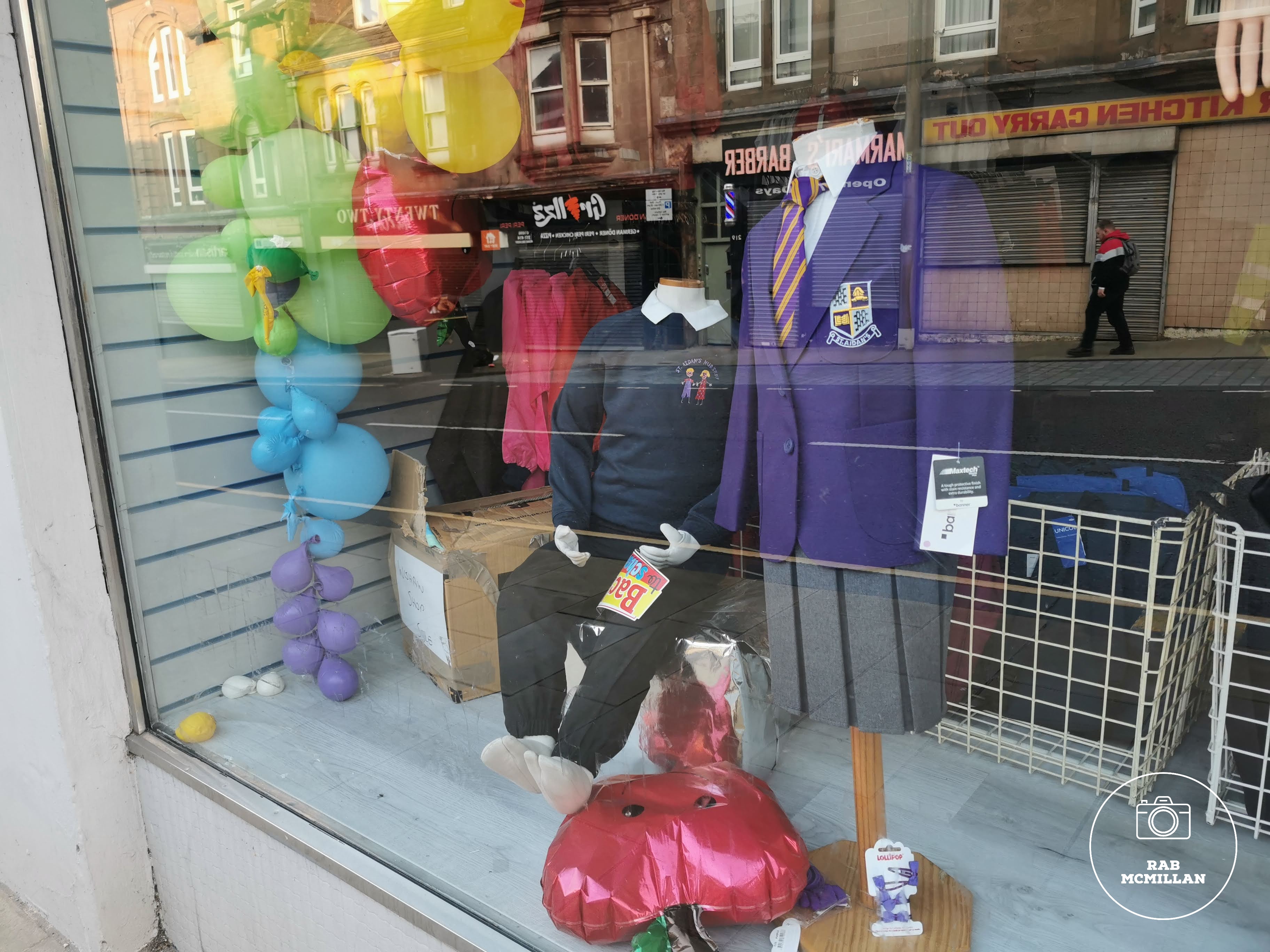 Window display, BE Uniforms, Main Street, Wishaw, 2023.