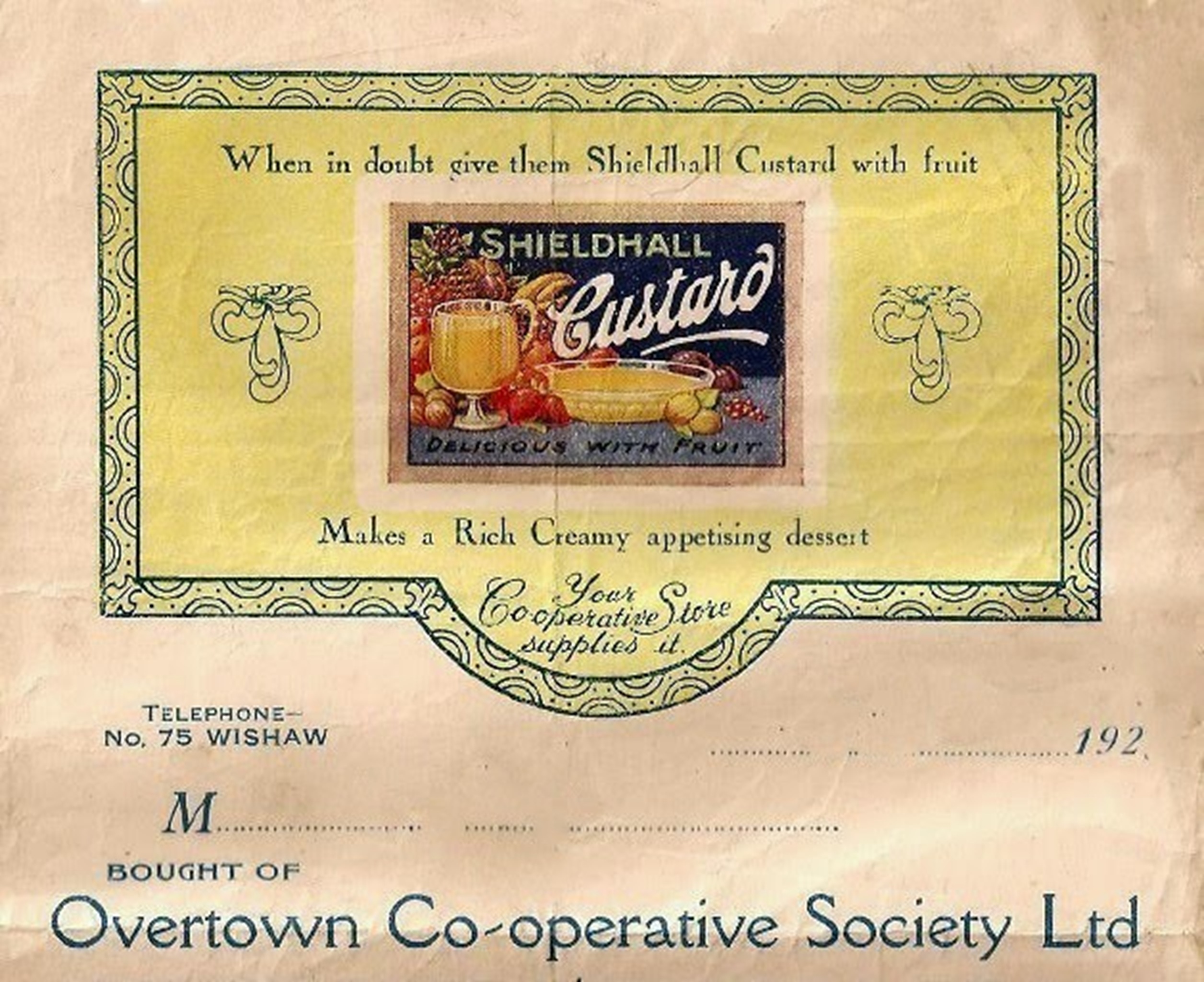 1920's Receipt, Overtown Co-operative Society, Wishaw.