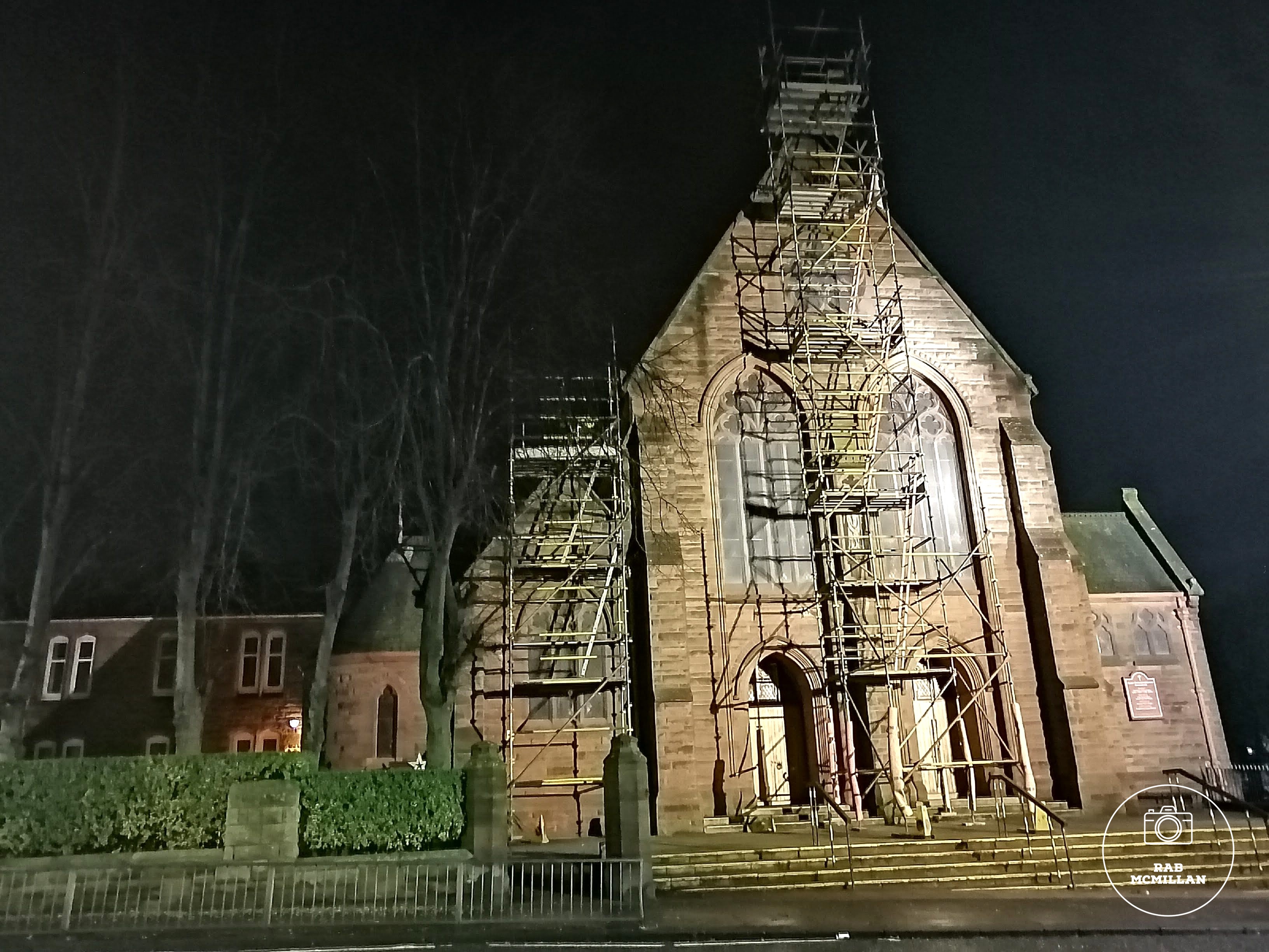 Scaffolding, St Patrick's Church, Shieldmuir, Craigneuk, Wishaw, 2019.