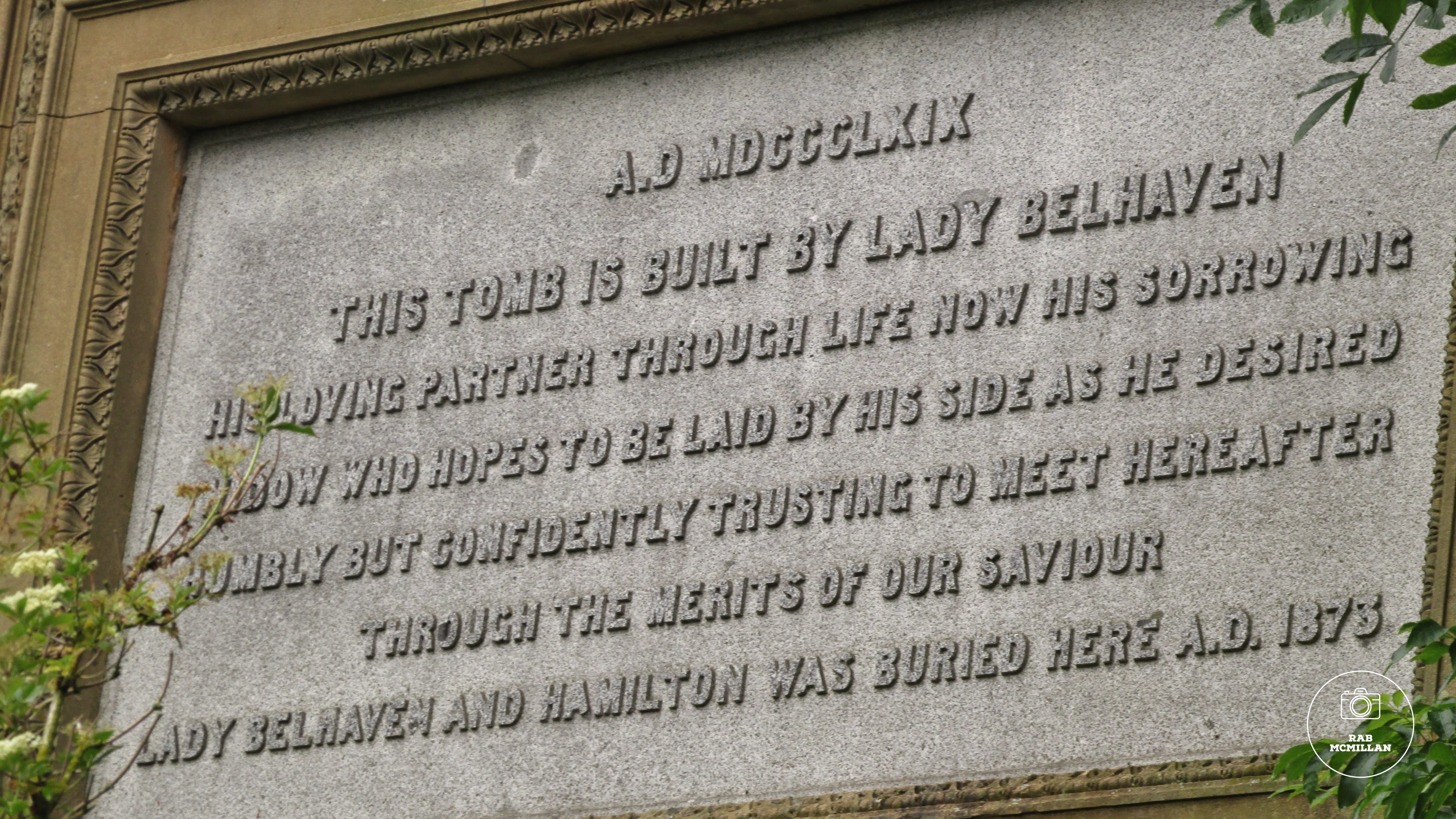 Inscription on Lord Belhaven's Mausoleum, Carbarns, Netherton, Wishaw, 2014.