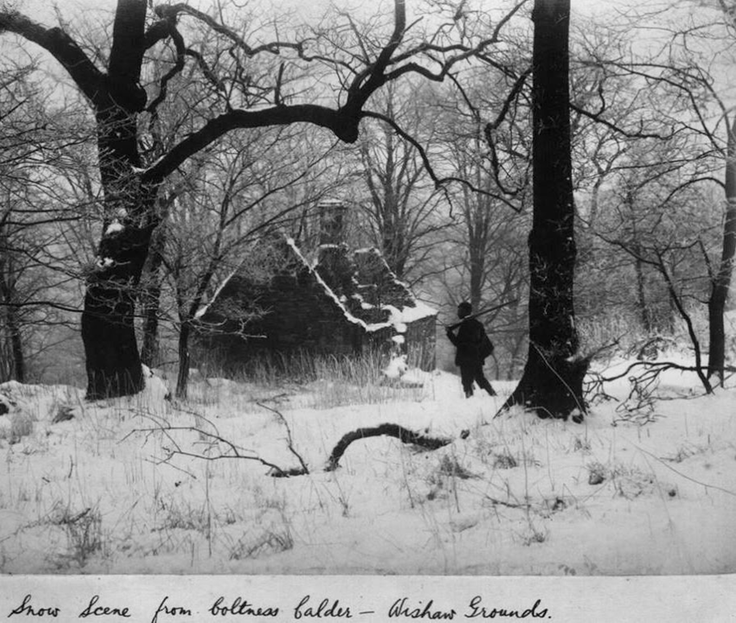 Snow scene from Coltness Calder, Wishaw Grounds, late 1800's, photo by Charles Reid.