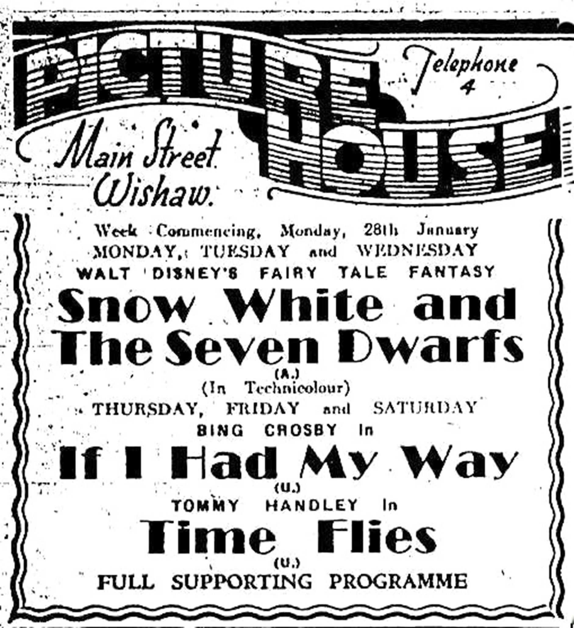 Snow White and the Seven Dwarfs, Picture House, Wishaw, advert from 1940.