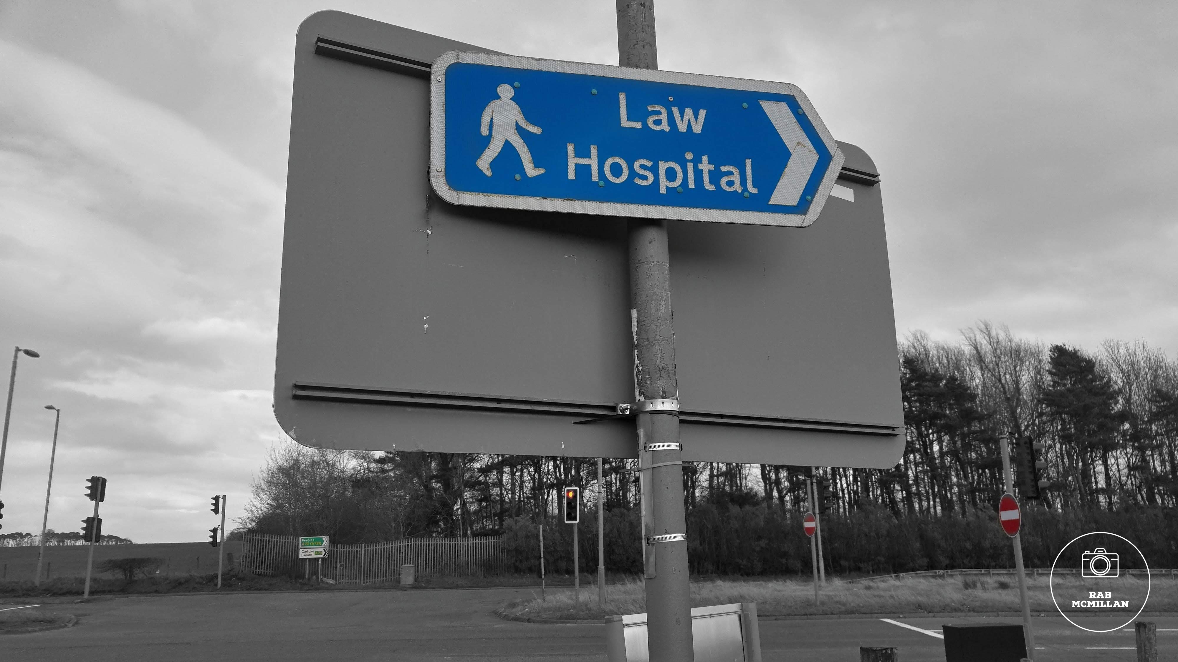 Old sign for Law Hospital, Bogside, near Wishaw, 2016.