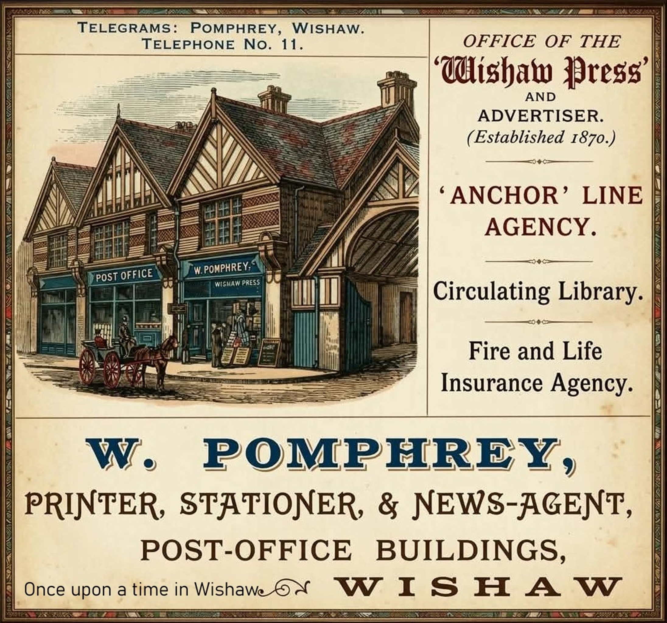 Advert for W,Pomphrey, Post Office Buildings, 1893. I added the colour.