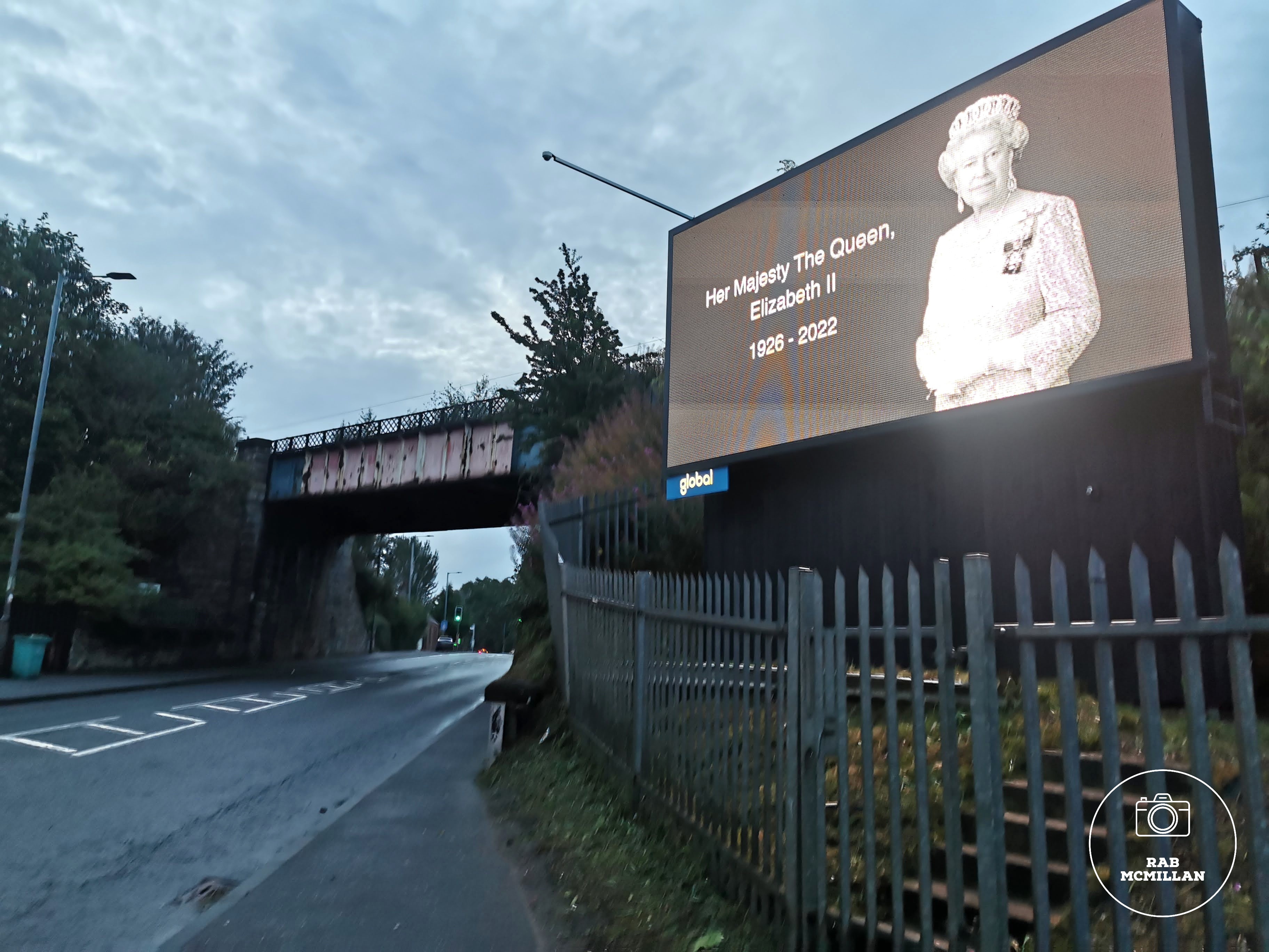 Billboard in Glasgow Road, Wishaw, a day after the Queen died, September, 2022.