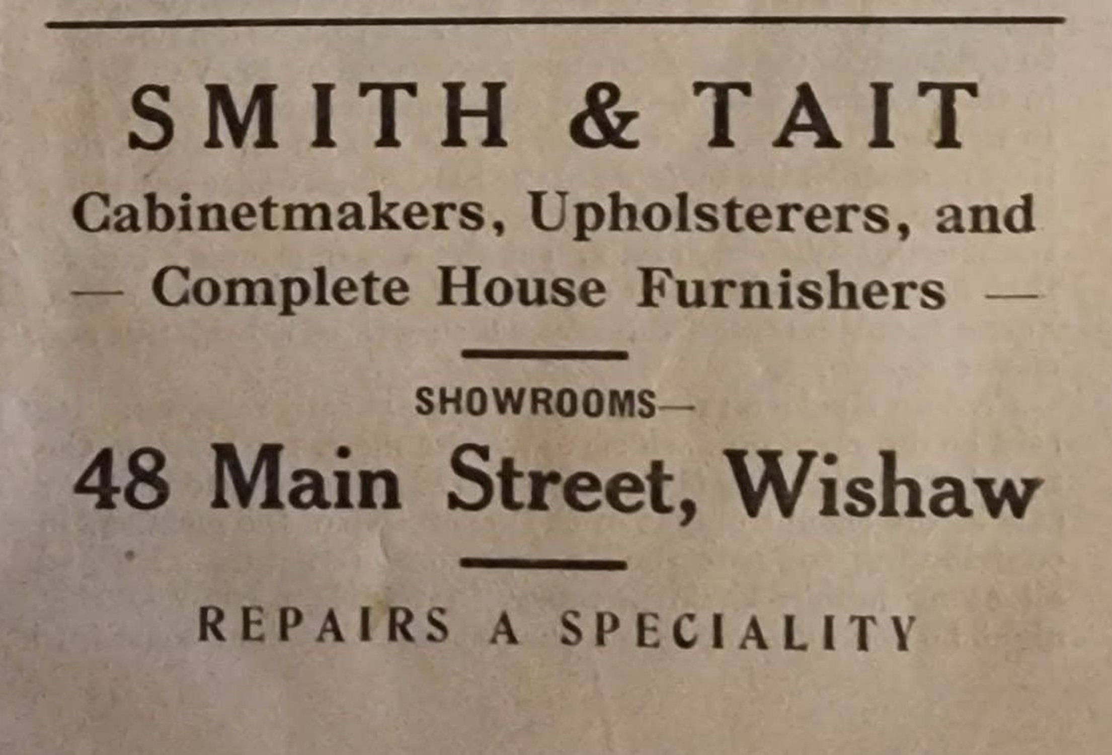 Advert for Smith and Tait, Wishaw, 1926.