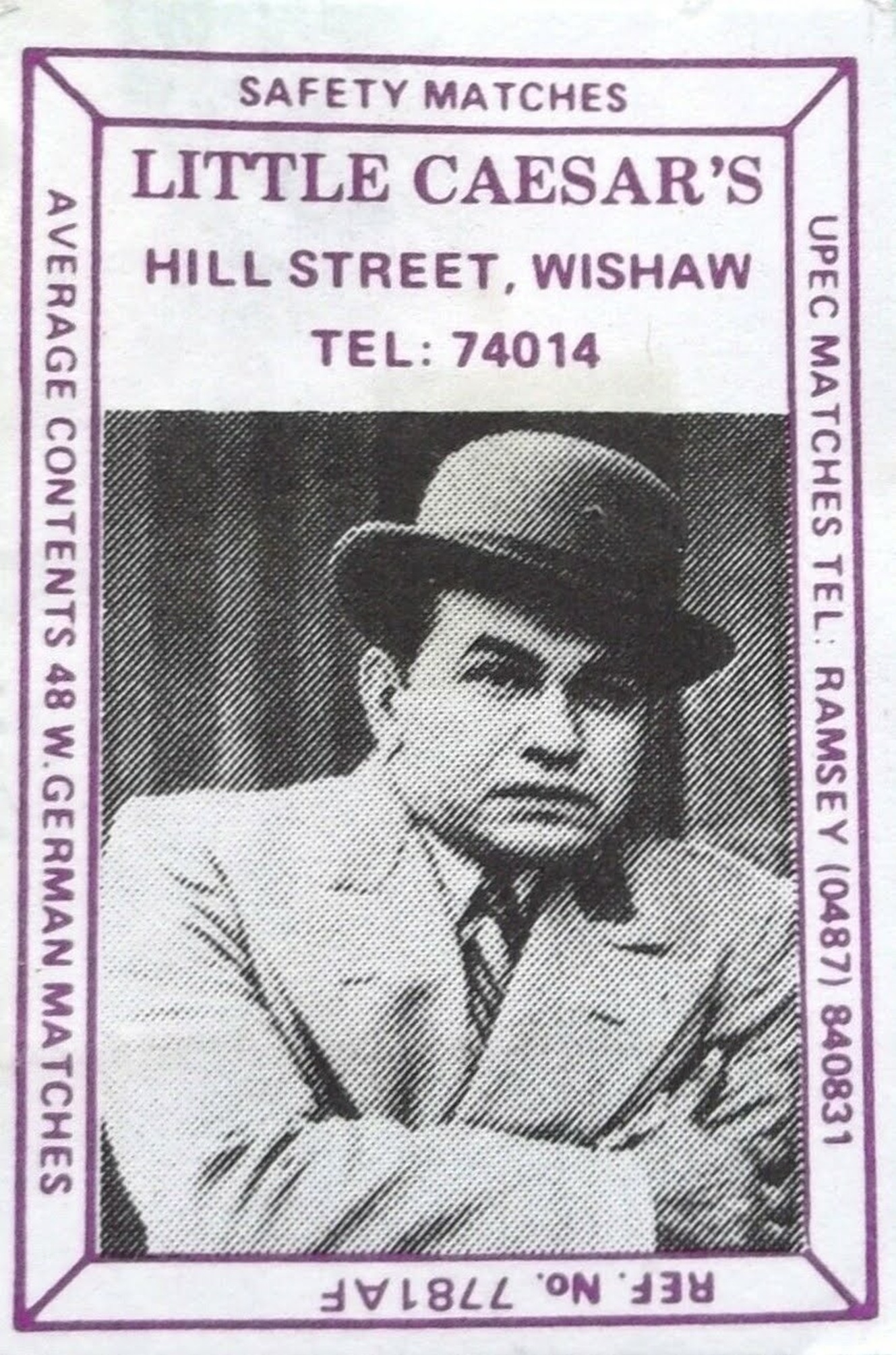 Matchbox cover, Little Caesar's. Hill Street, Wishaw.