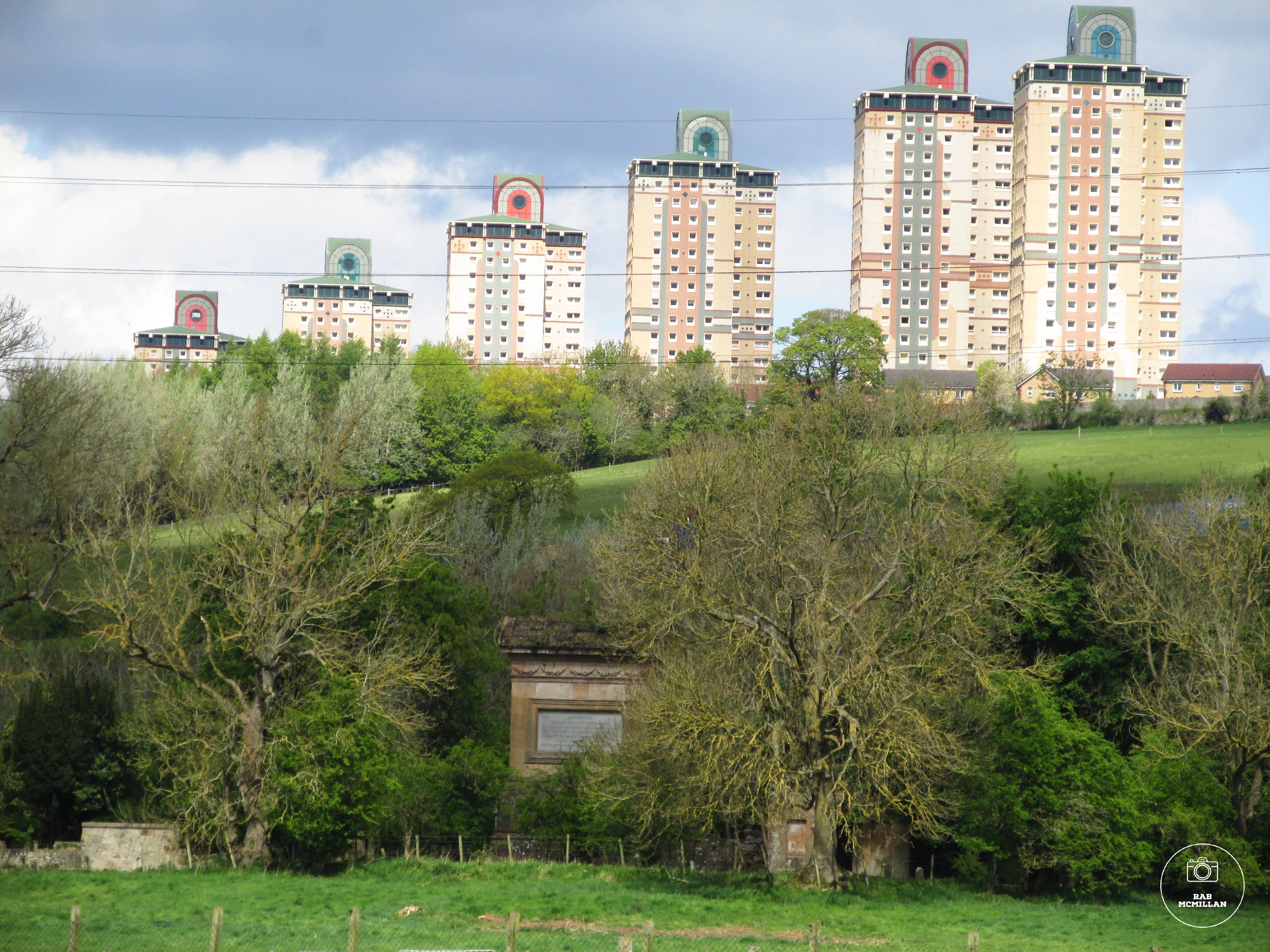 Lord Belhaven's Mausoleum, original Cambusnethan Graveyard , Carbarns, Netherton, Wishaw, 2020. Muirhouse Towers in the background.