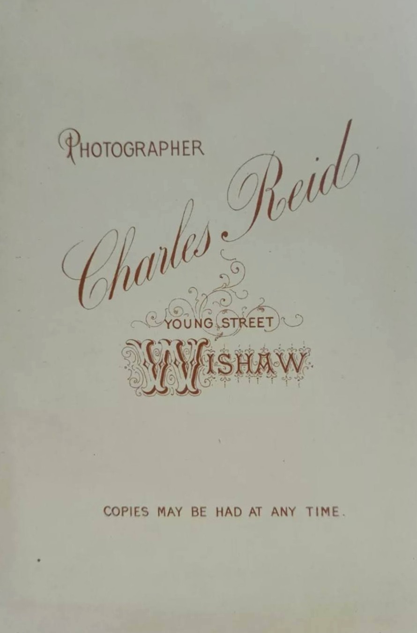 Back of a Charles Reid of Wishaw Portrait Cabinet Card, late 1800's.