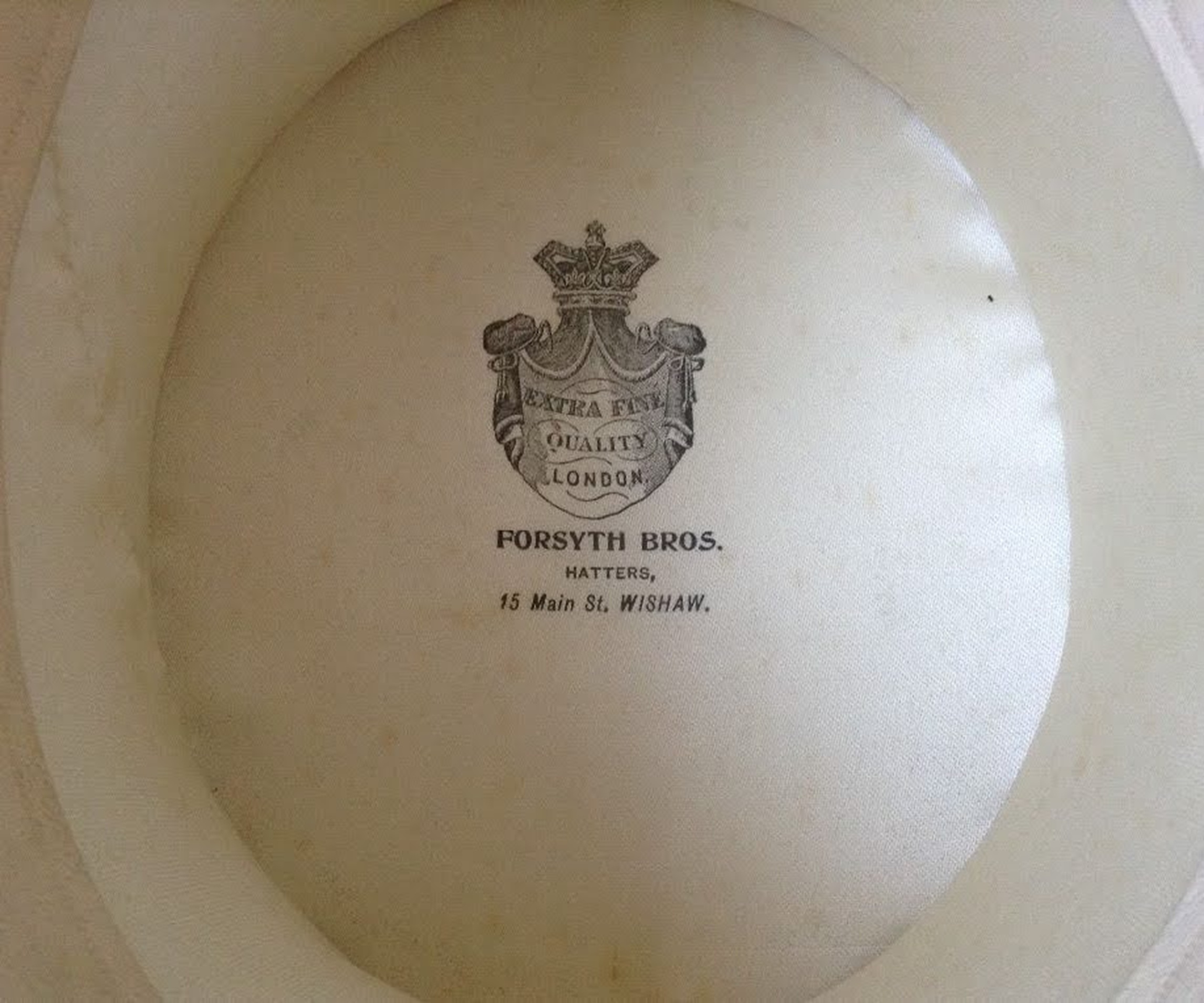 Inside of a hat sold by Forsyth Brothers, Main Street, Wishaw.