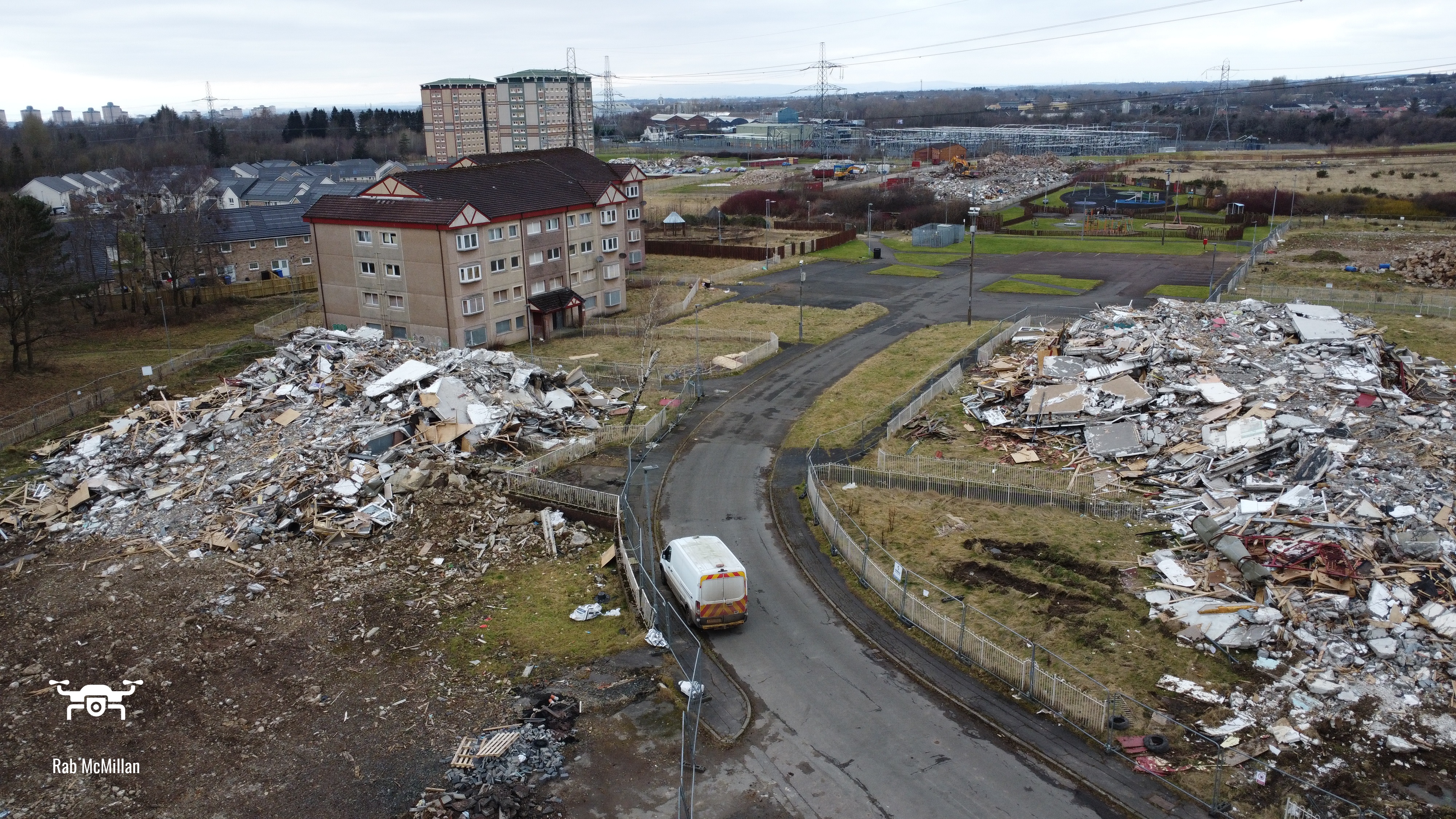 Demolition of the flats in Gowkthrapple, Wishaw, 2025.