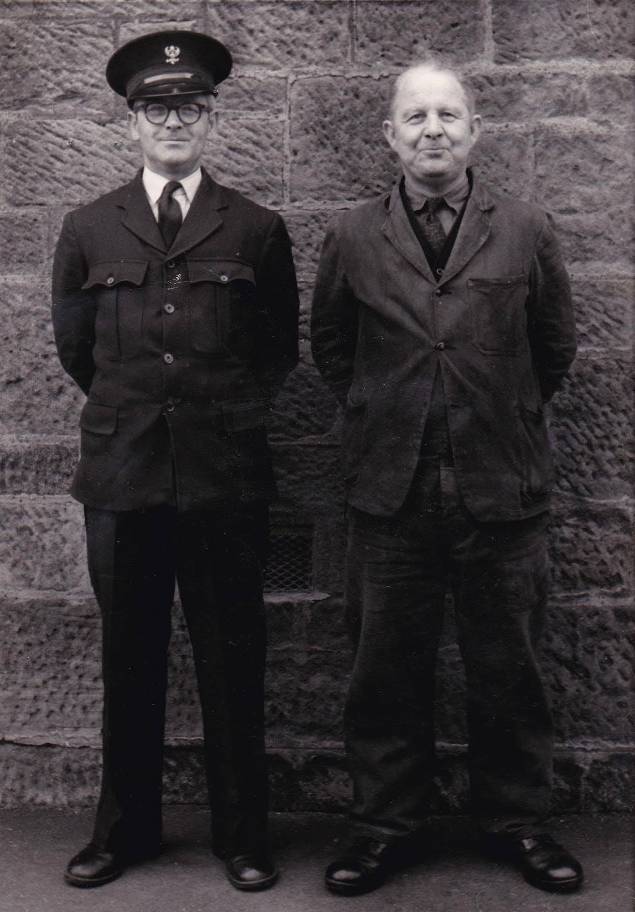 Senior Janitor Charlie Scott, Assistant Janitor Bruce Fleming, Wishaw Central School, late 1950's/early 1960's. Courtesy of Gordon Scott.