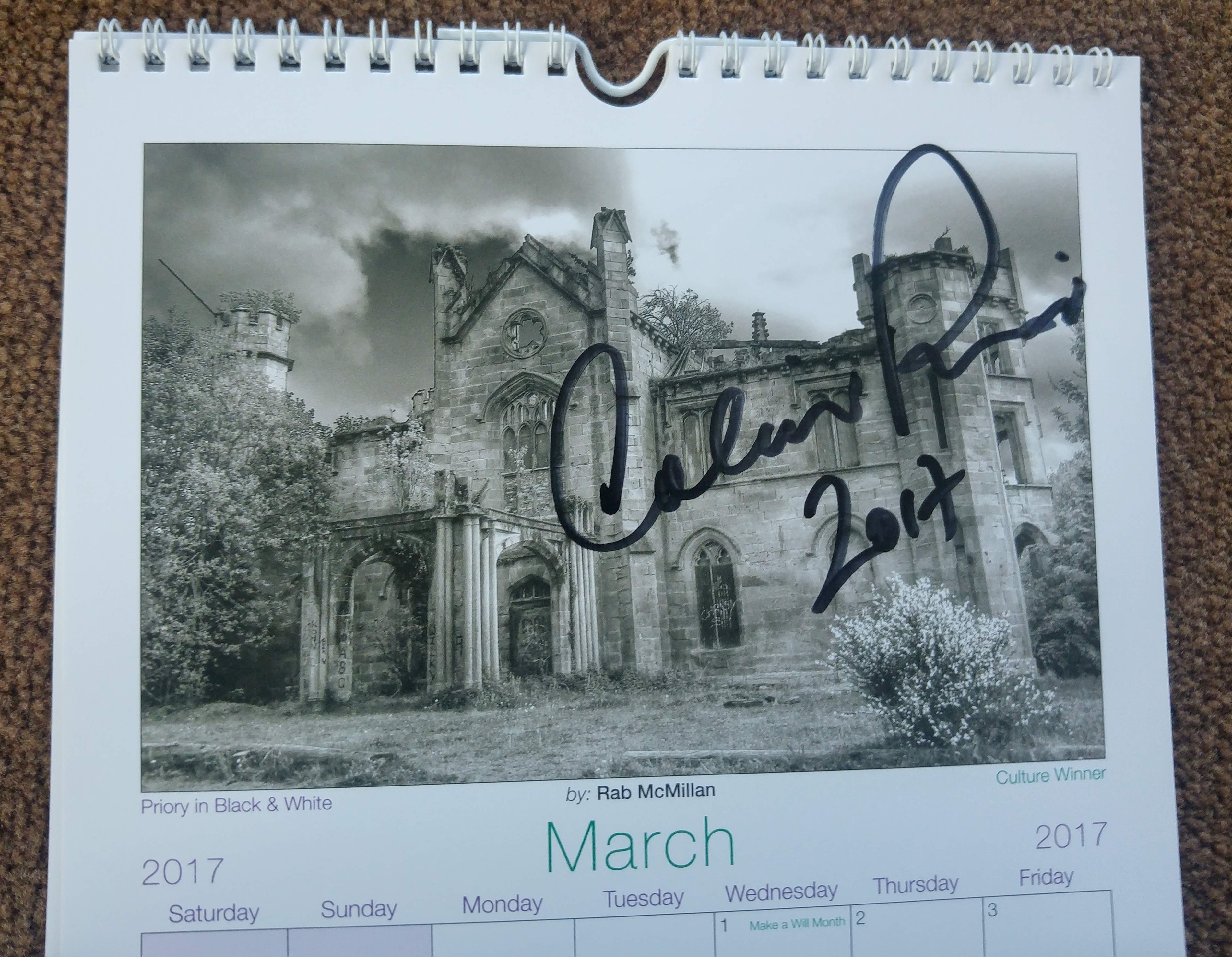 My photo of Cambusnethan Priory, Wishaw was the culture winner for the St Andrew Hospice Calendar, 2017. The pic was signed by famous landscape photographer Colin Prior who was also one of the judges.
