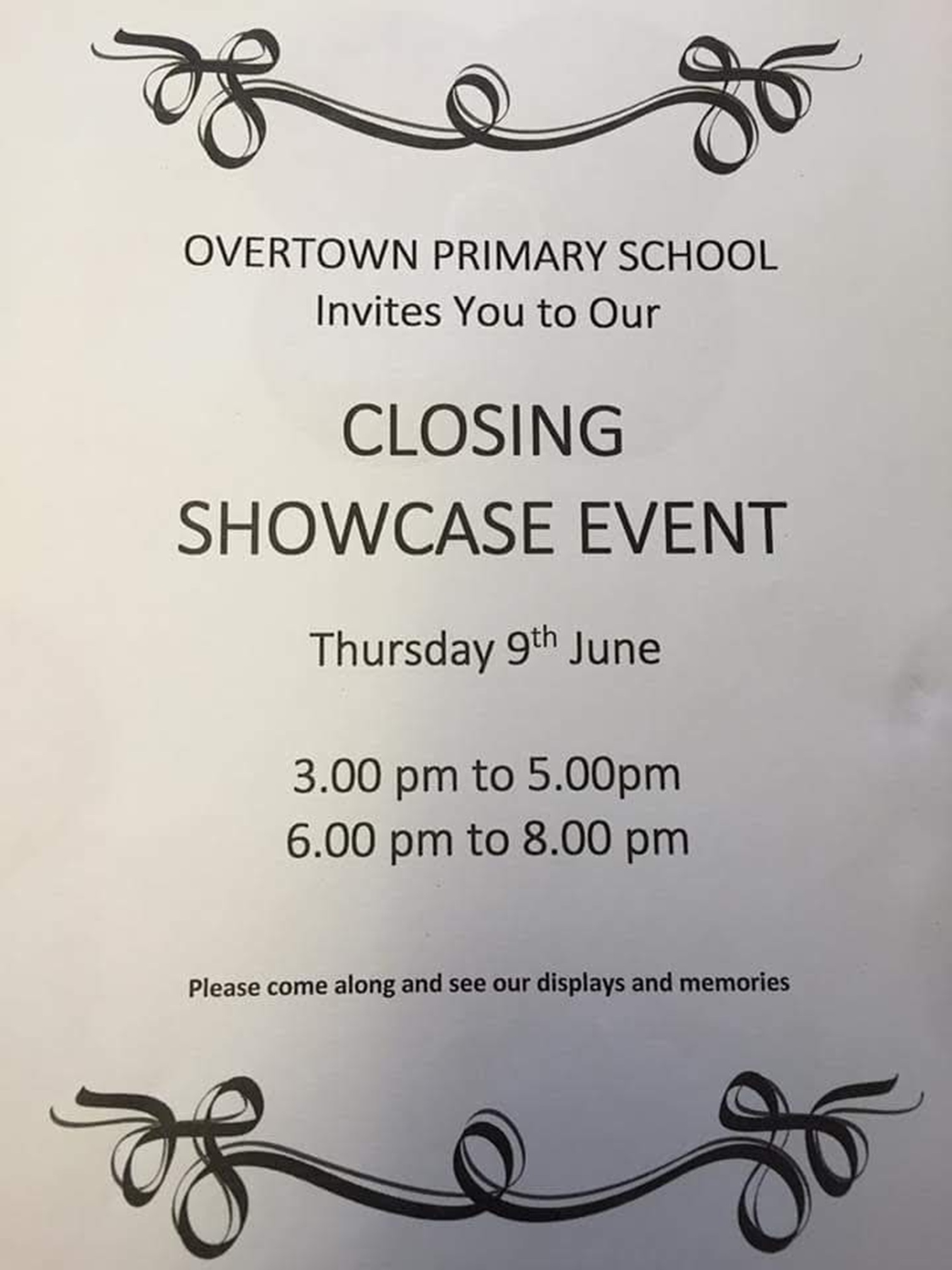 Closing Event Invite for Overtown Primary School, Wishaw, 2016.