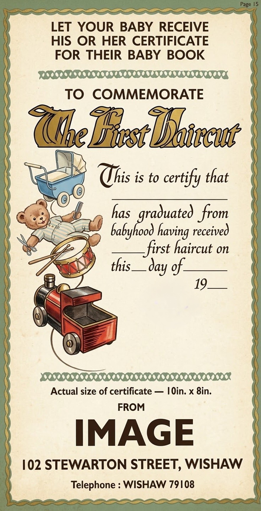 Certificate for Baby's first haircut, Image, Stewarton Street, Wishaw, 1972.