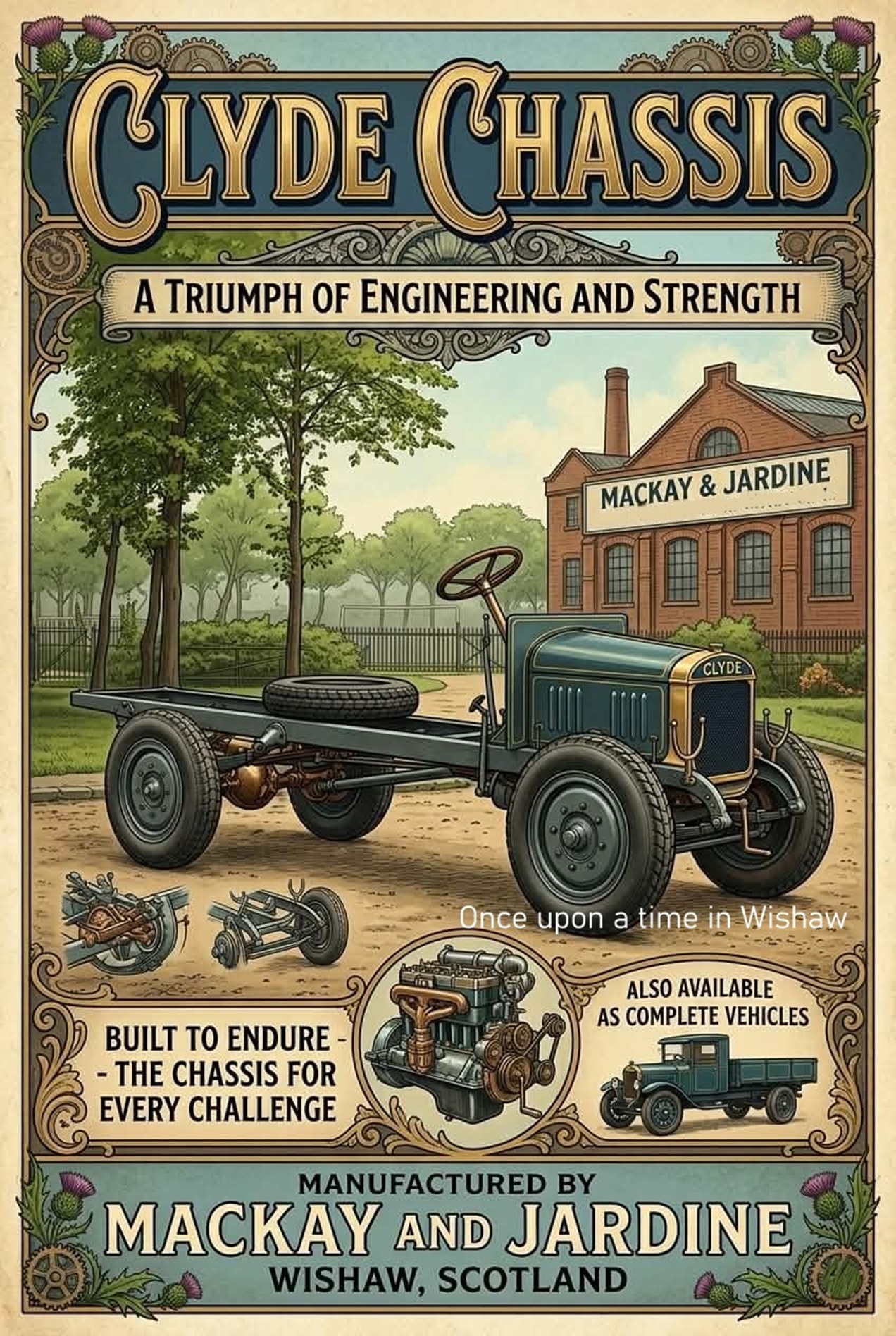 Poster I made based on a real advert, Clyde chassis by Mackay and Jardine, Wishaw. 1920's.