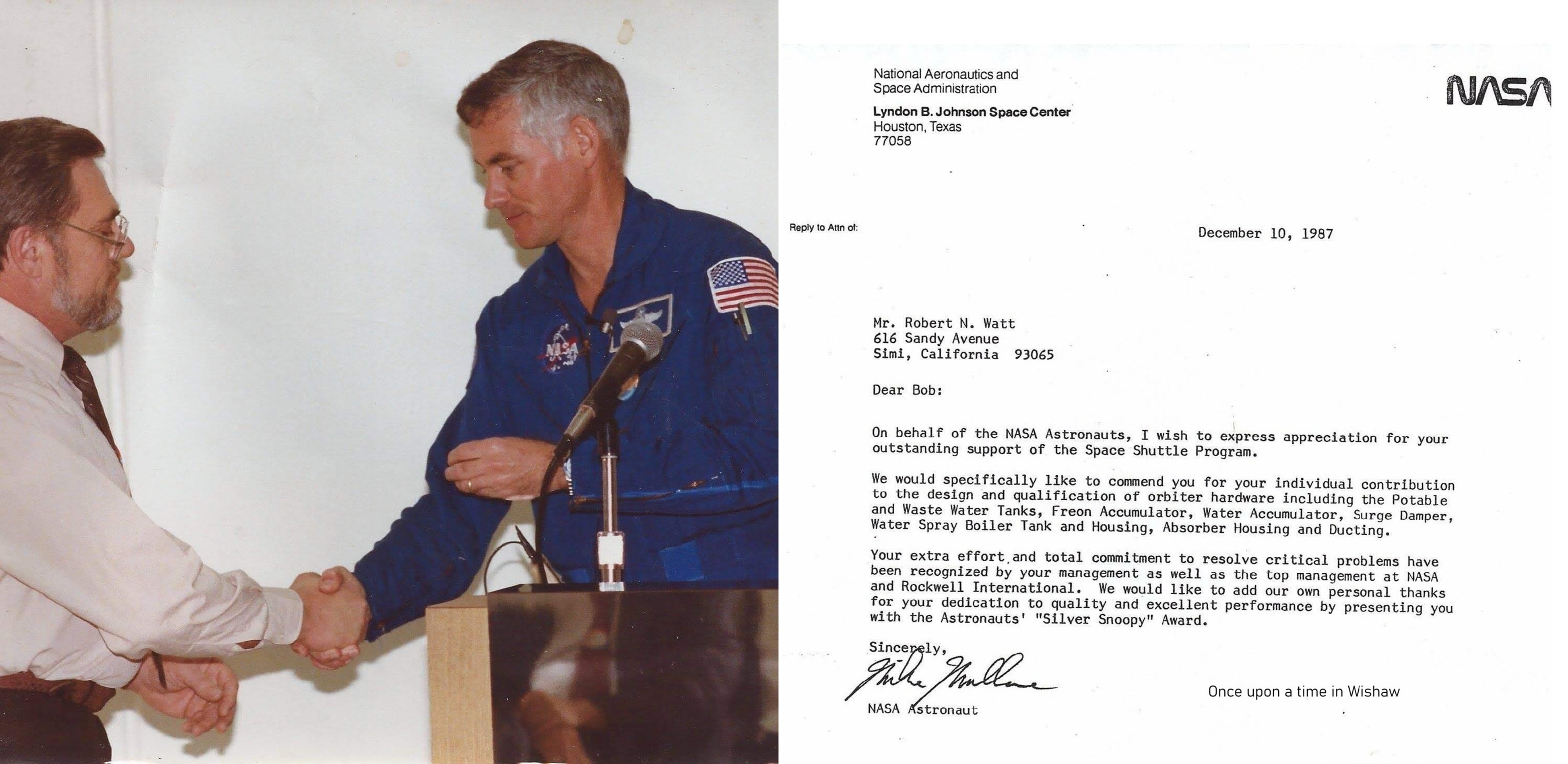 My friend Wishaw Man Robert Watt receiving a Silver Snoopy Award from NASA Astronaut Mike Mullane for his contribution to the Space Shuttle Program, 1987. Thanks to Robert for pic and info.