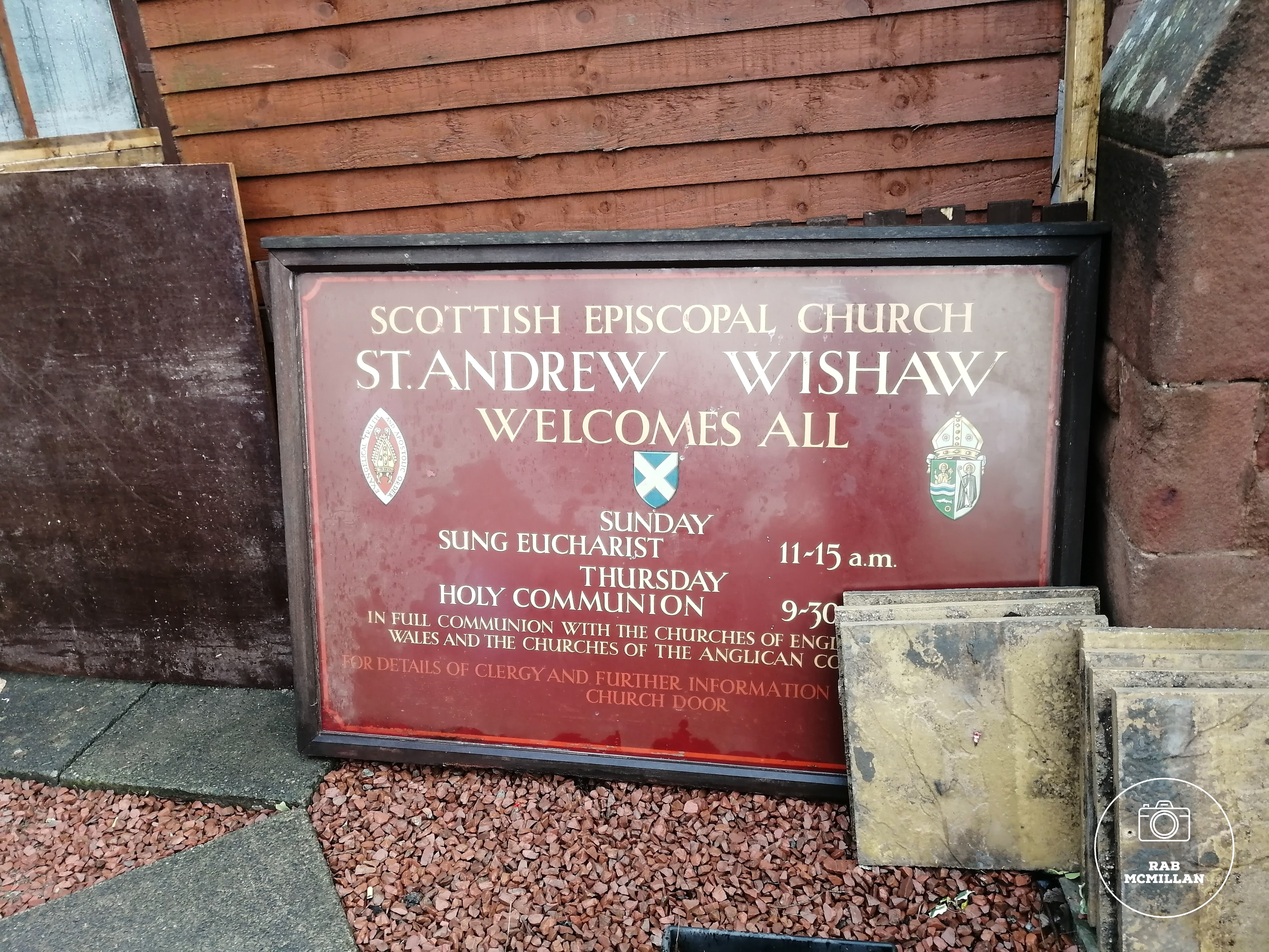 Old sign at St Andrew's Episcopal Church, Belhaven Terrace, Wishaw, 2020.