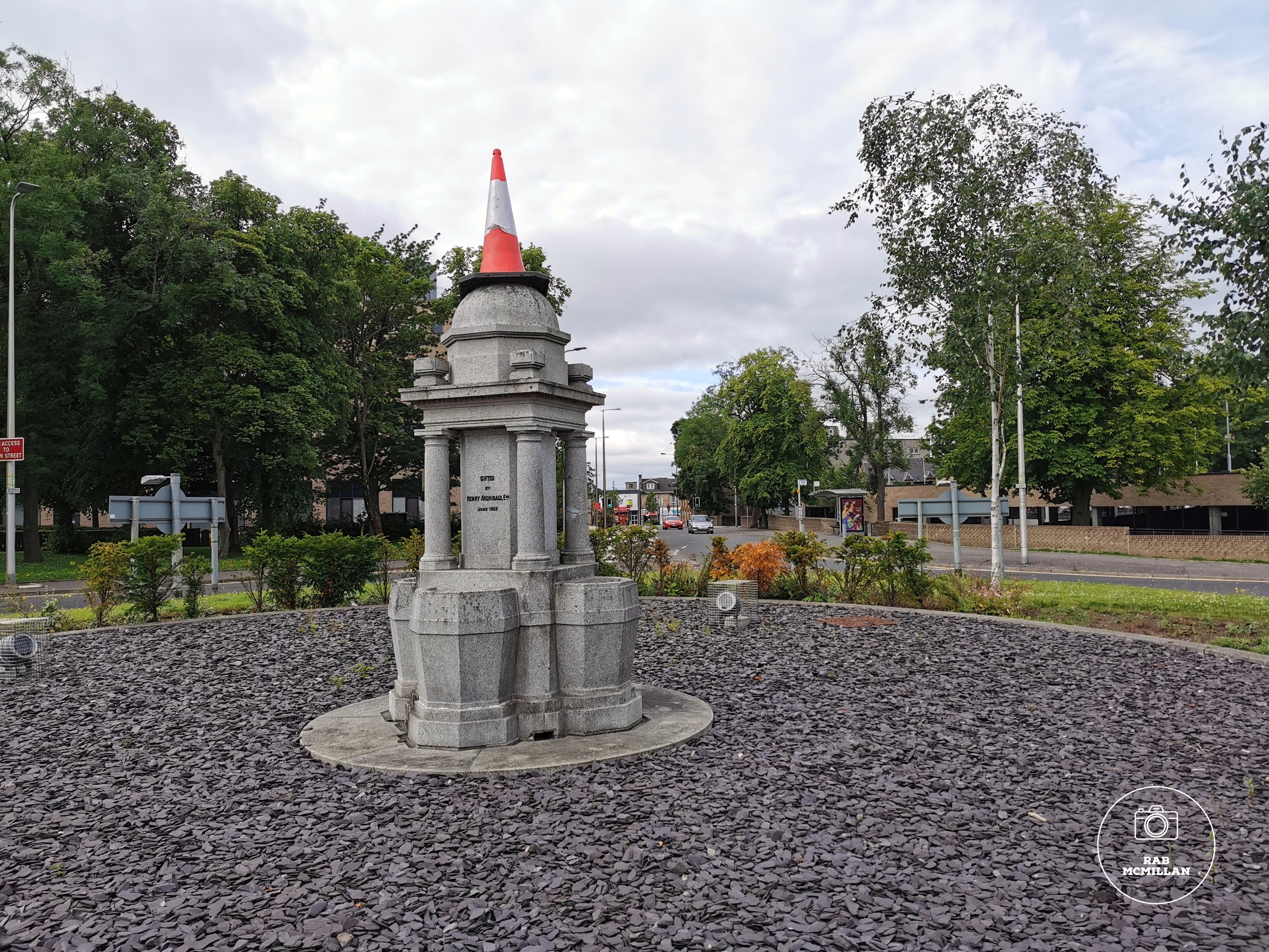 Traffic cone on the Fountain, Kenilworth Avenue, Wishaw, 2021.