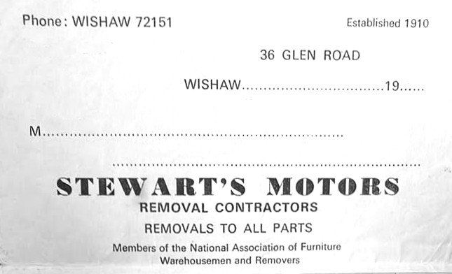 Invoice for Stewart's Removal Contractors, Glen Road, Wishaw.