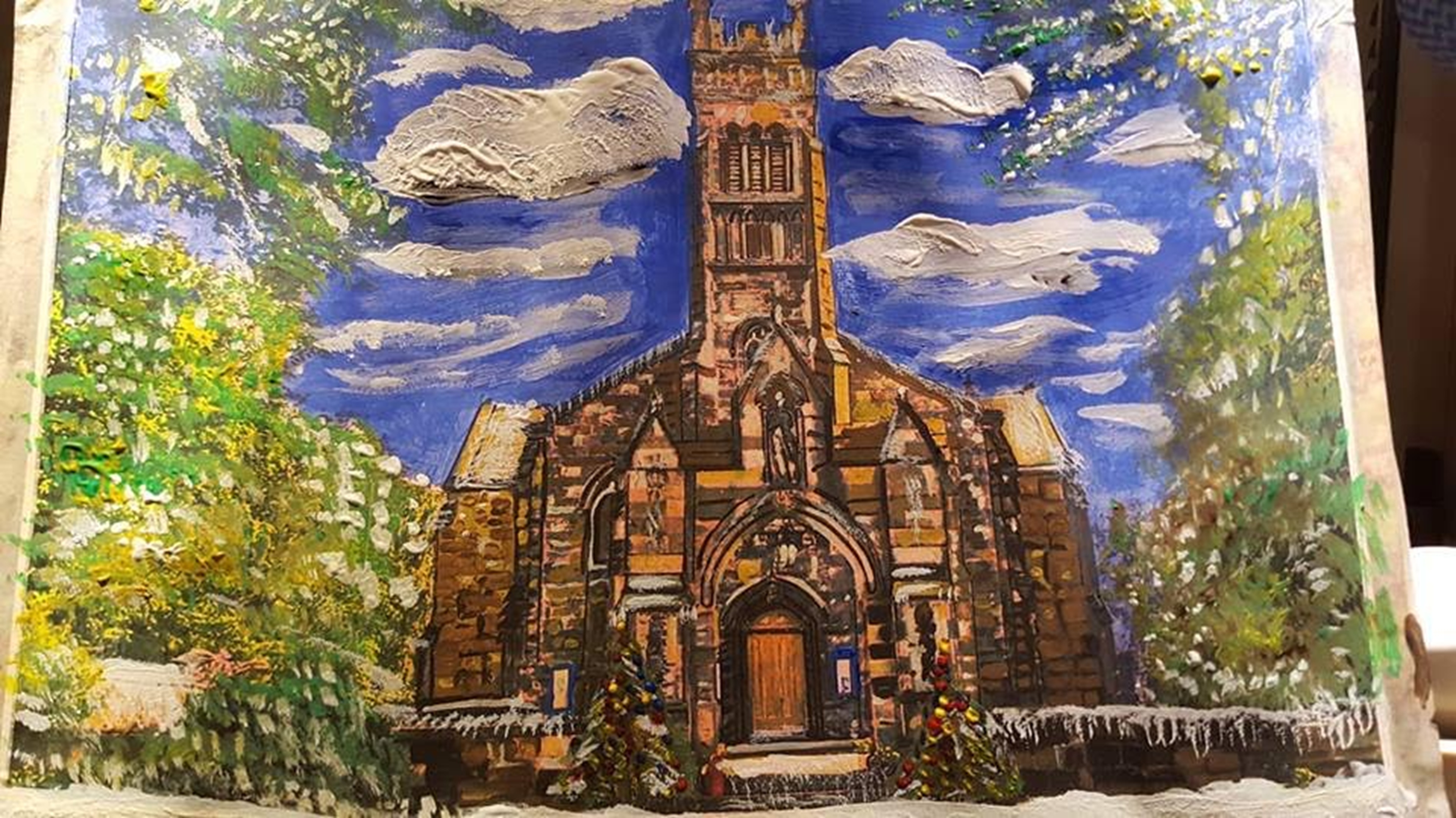 Painting of Coltness Memorial Church, Newmains, Wishaw, by my friend Charlie Mulholland, 2019.
