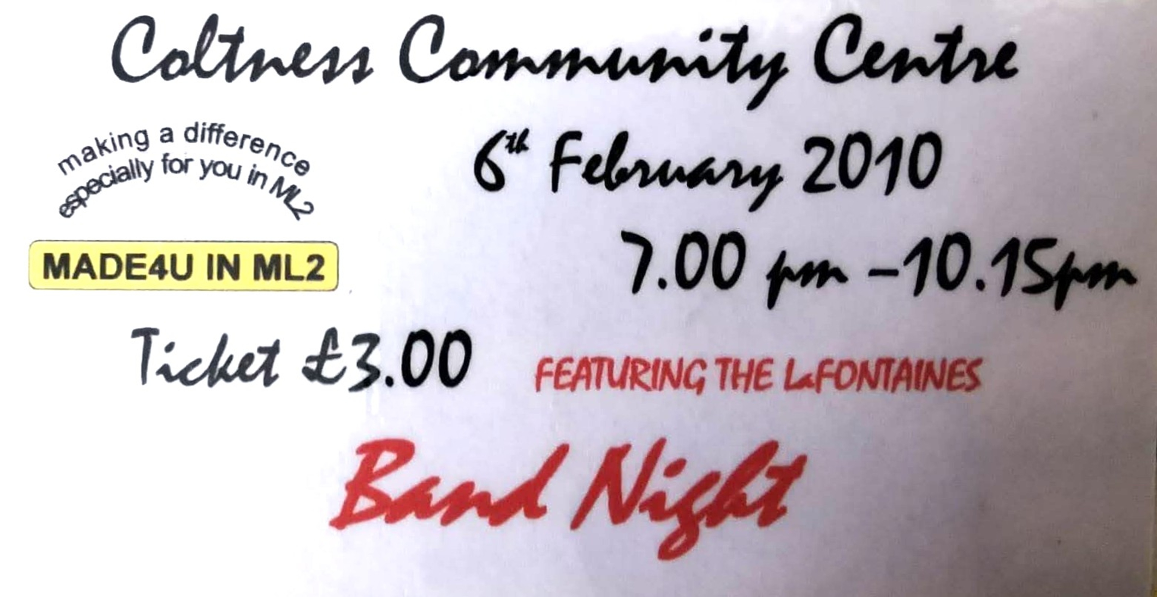 Ticket to see the LaFontaines, Coltness Community Centre, 2010.