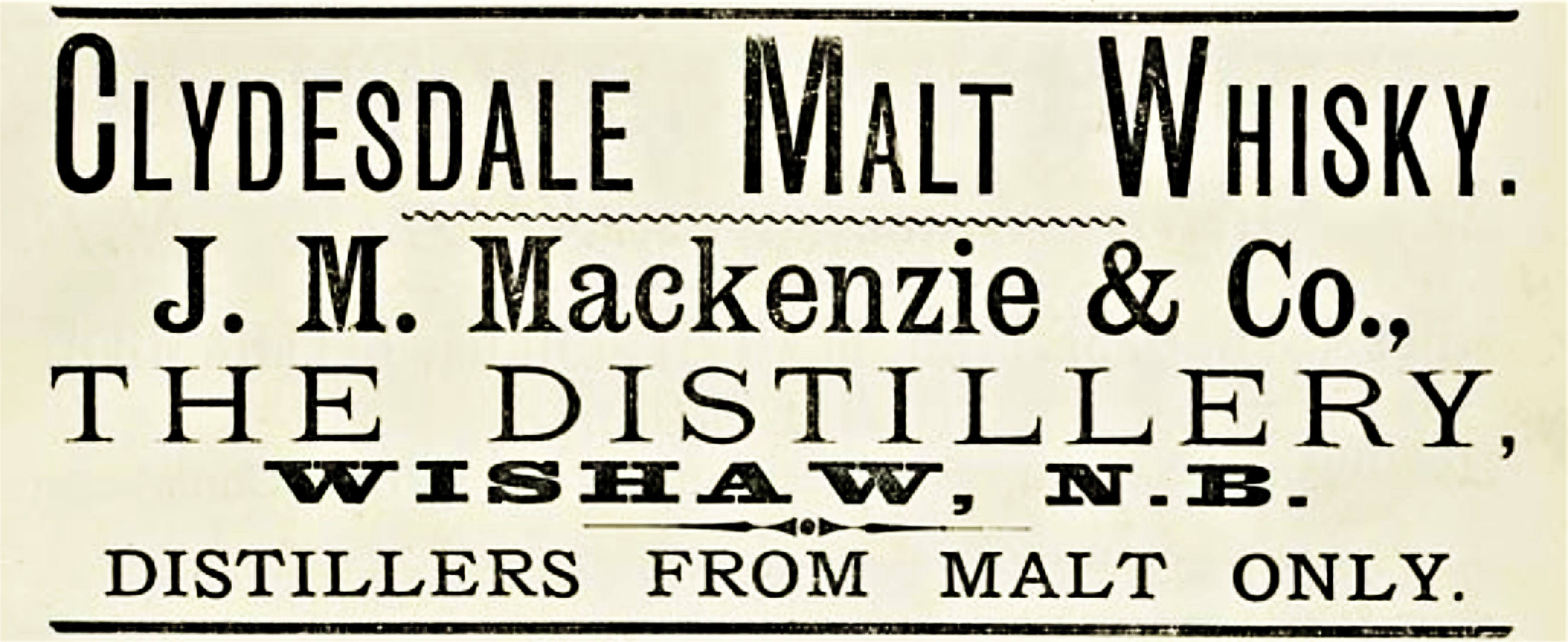 Advert for the Clydesdale Malt Whisky Distillery, Glasgow Road, Wishaw, late 1800's.