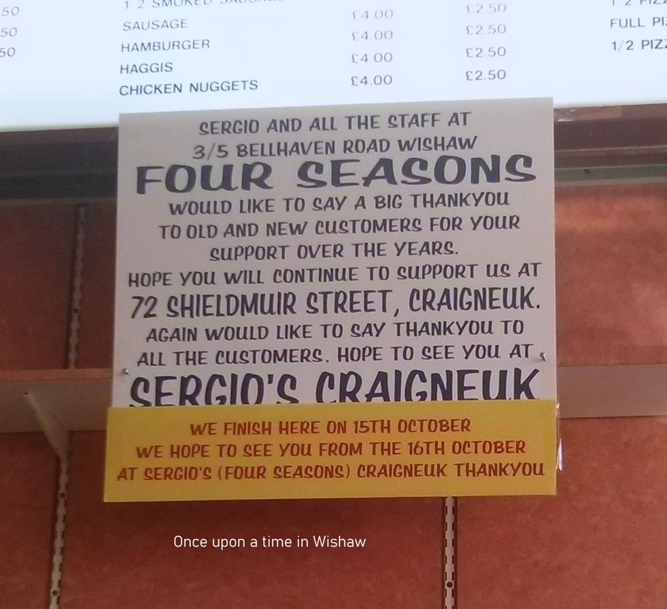 Closure notice for Four Seasons Chippy, Belhaven Road, Wishaw, 2015.