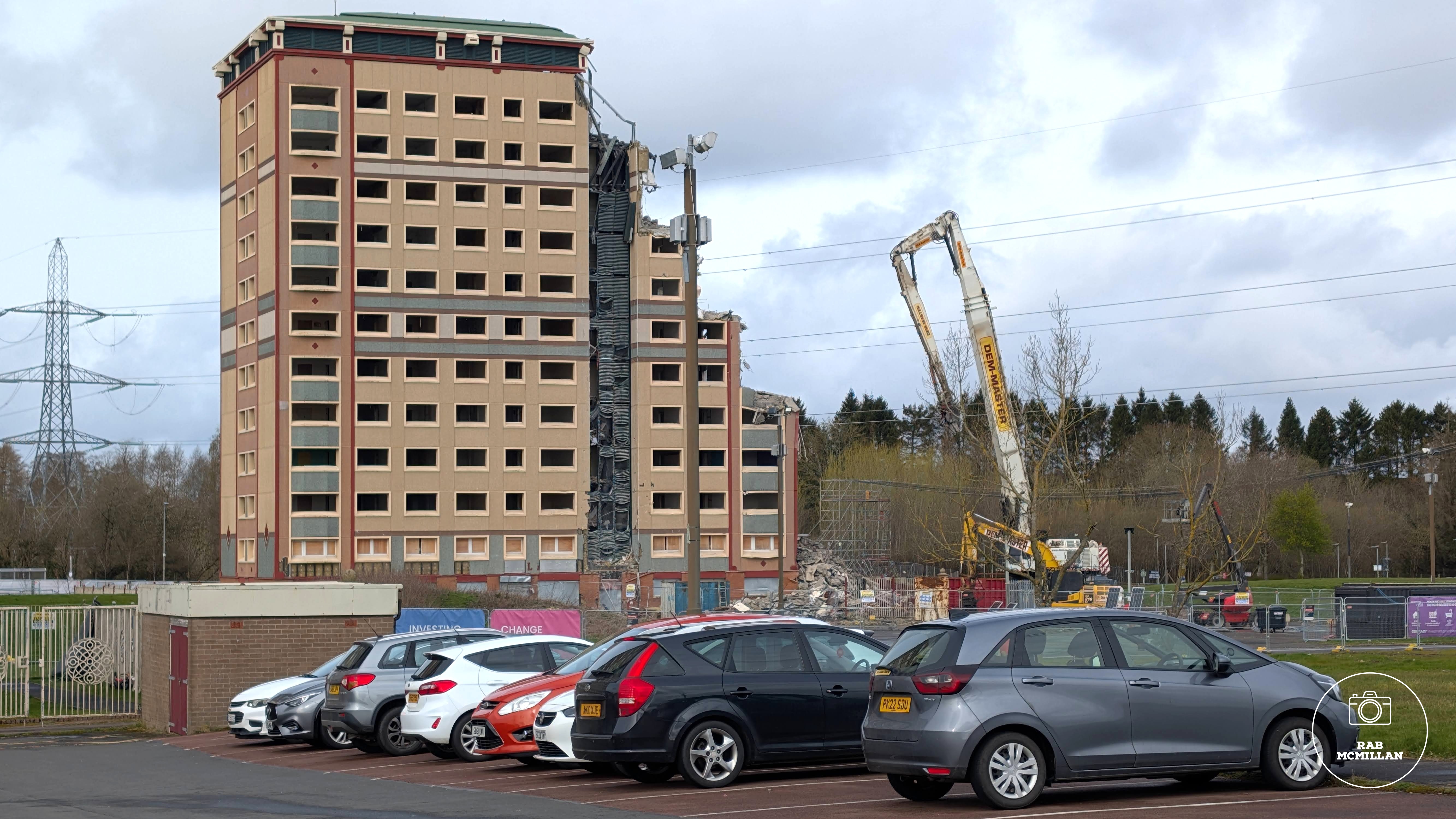 Demolition of Allershaw Tower, Gowkthrapple, Wishaw, 2026.