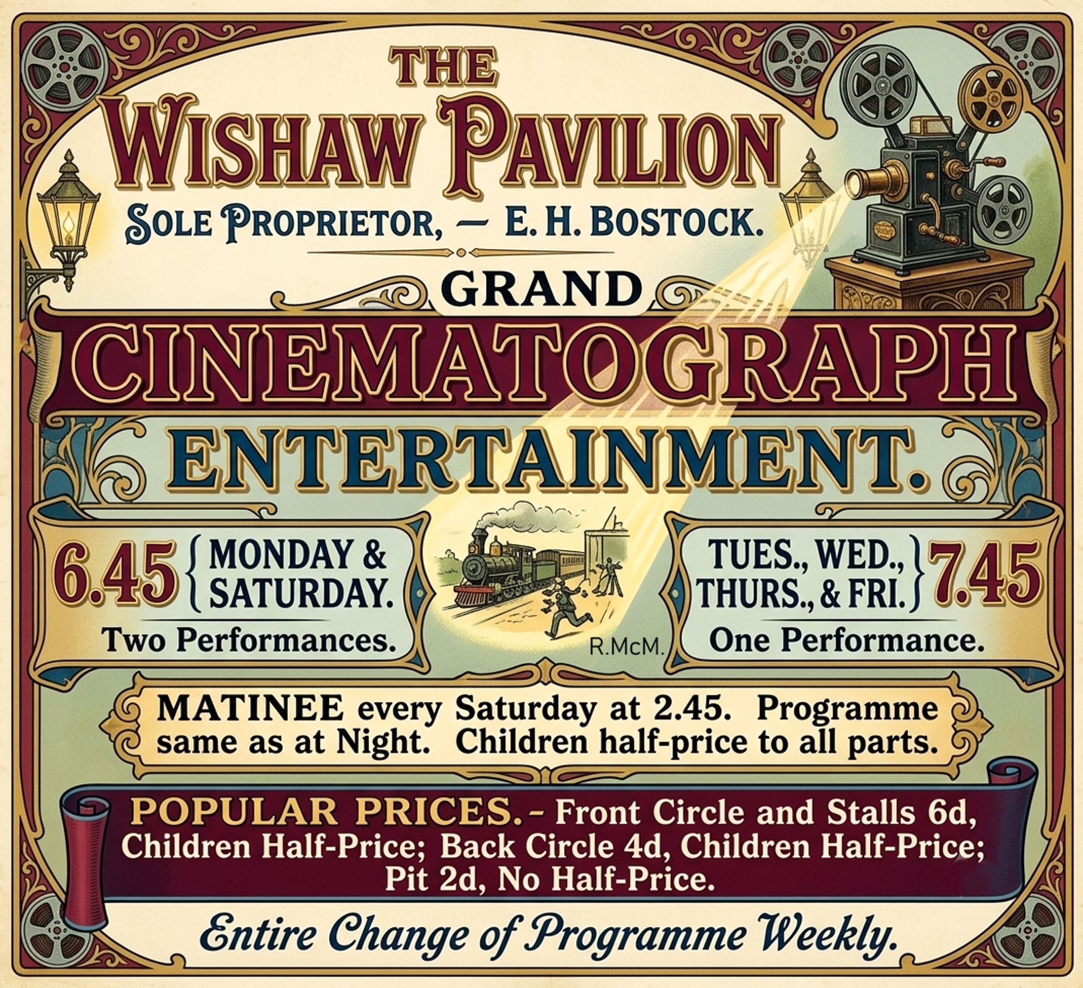 Poster I made based on a real advert, The Wishaw Pavillion, Belhaven Terrace, Wishaw, 1910.