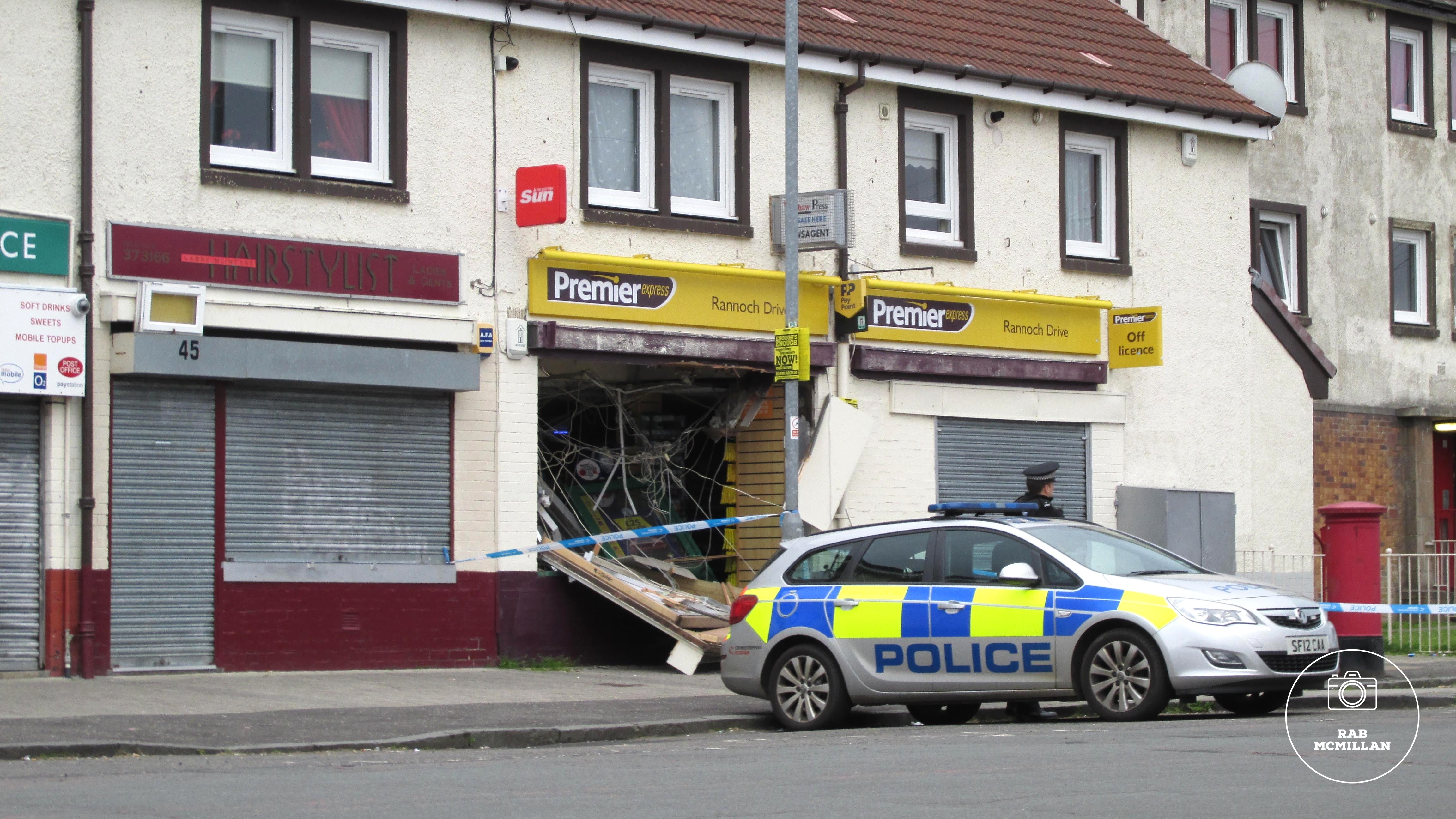 Aftermath of a ram raid on the shops at Rannoch Drive, Pather, Wishaw, 2016.