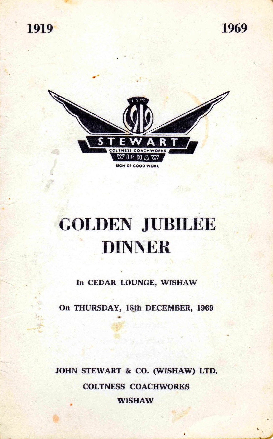 Stewart's Coltness Coachworks, Golden Jubilee Dinner, Cedar Lounge, Wishaw, 1969.