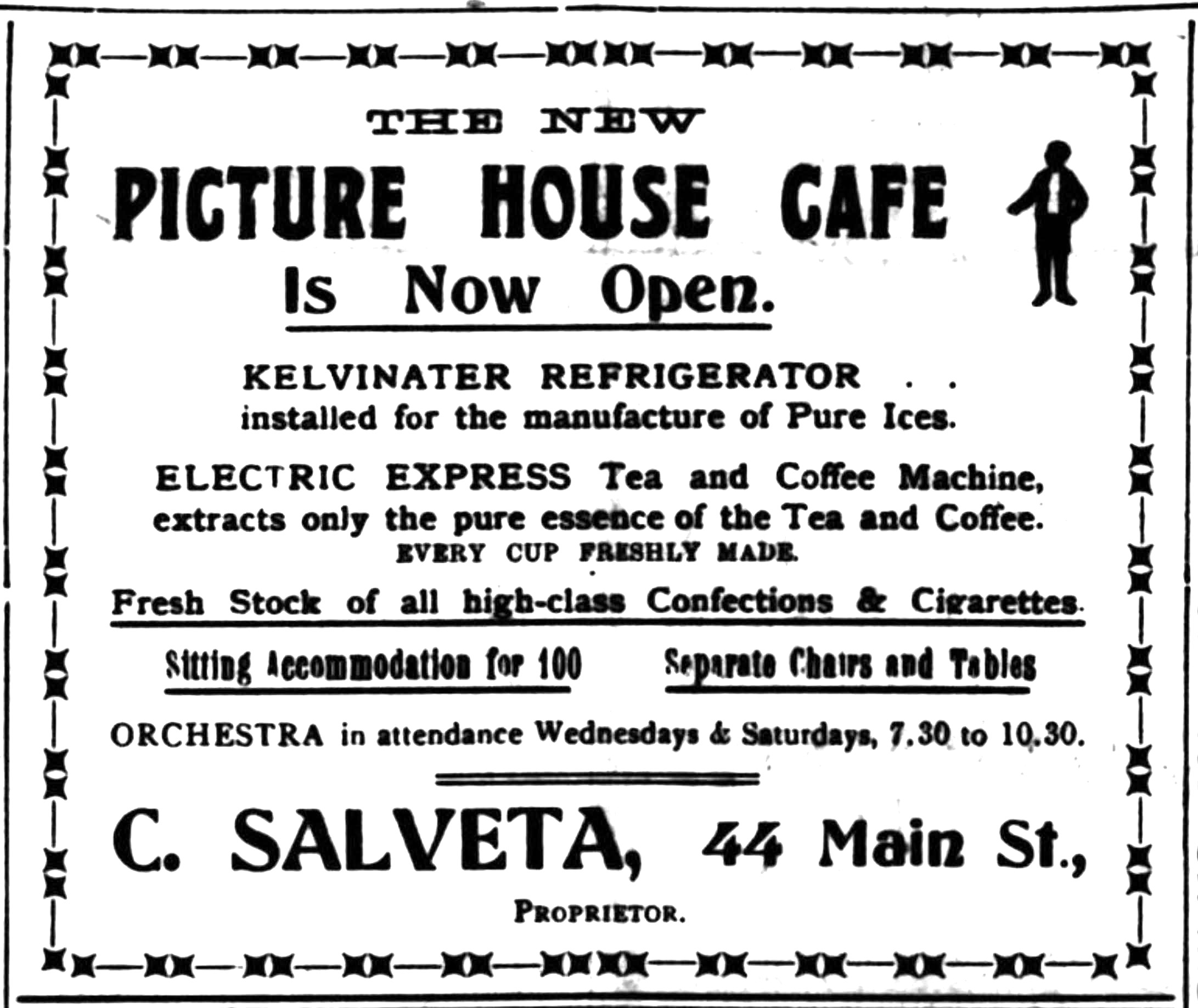 Advert for the Picture House Cafe, Main Street, Wishaw, 1930.